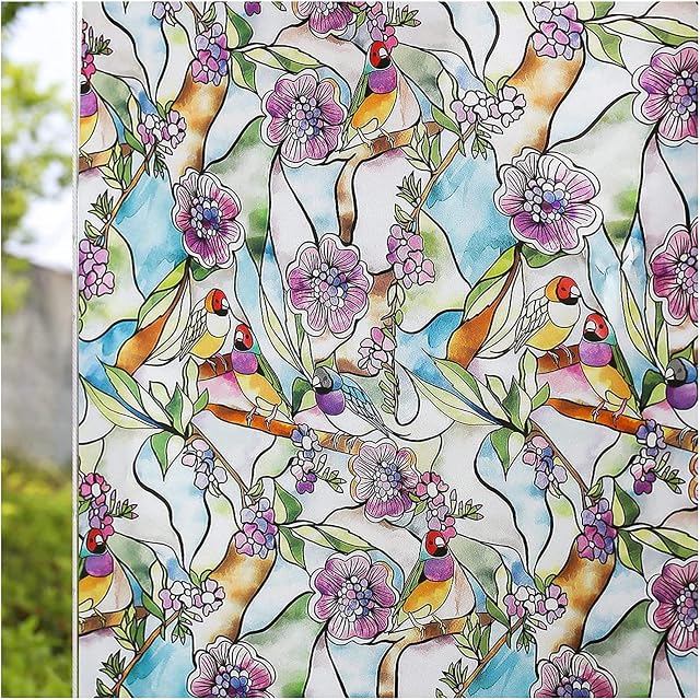 CottonColors Window Film Privacy Stained Glass Window Static Clings Vinyl Non-Adhesive Flower Parrot Decorative Window Coverings for Home Bathroom, 44.5x200CM