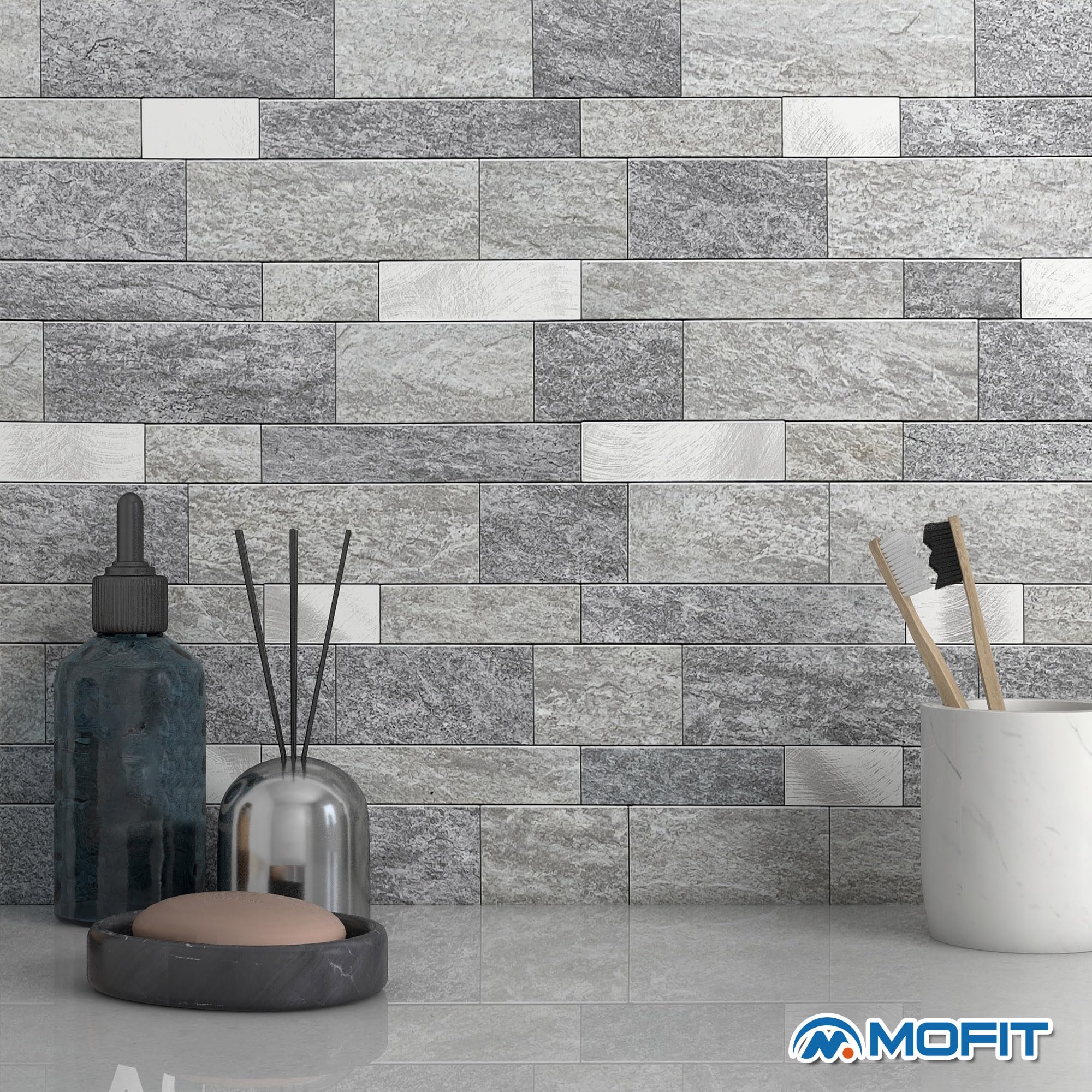 M MOFIT Zelfklevende 3D-muurtegels, baksteenmotief, tegelstickers met marmermotief voor badkamer, waterbestendig, mat, voor tegels keuken, beschermlaag verwijderen en plakken, hittebestendig, 5