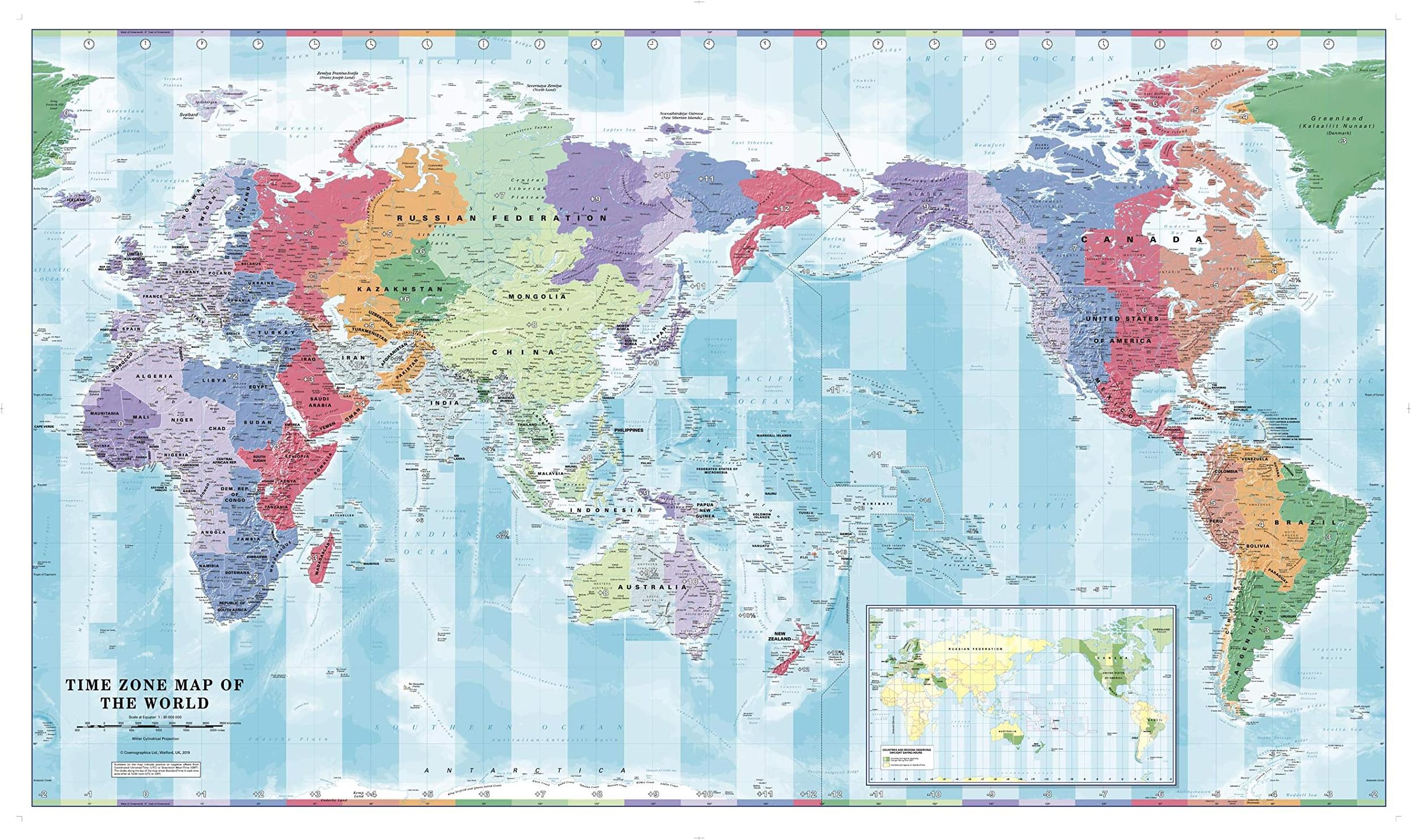 Pacific Centred Time Zone Wall Map of the World - Large - 53.5" x 31" Art Quality Print