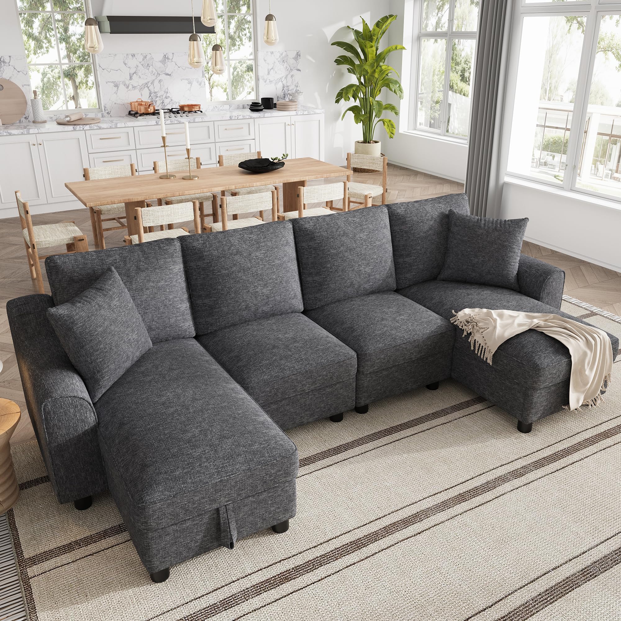 Großes Ecksofa U-Form, Chenille Wohnlandschaft mit Stauraum, Modulares Sofa mit 2 Chaiselongues und Kissen, Couchgarnitur für Wohnzimmer, Familien Sofa Grau (Grey, 4-Sitzer)