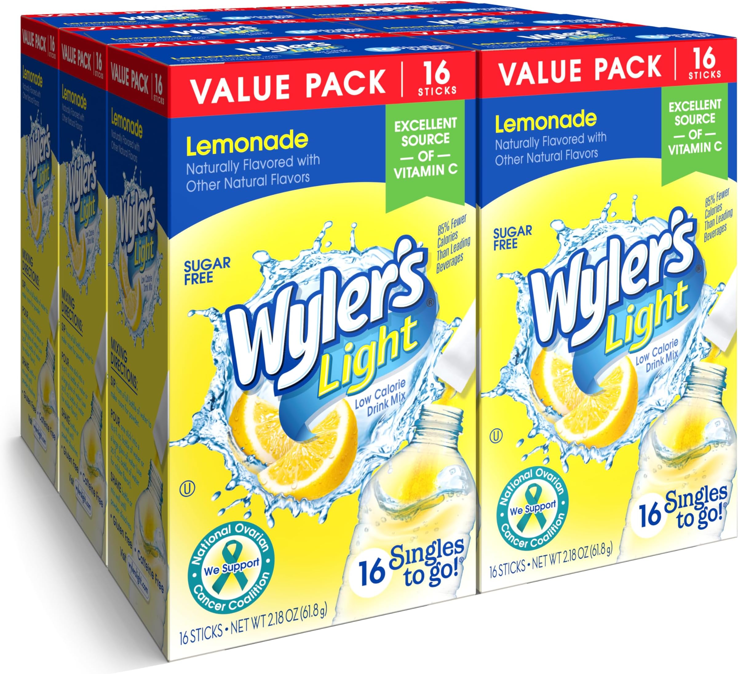 Wyler's Light Singles To Go Powder Packets, Water Drink Mix, Lemonade, 16 Count, 6 Boxes (96 Single Servings)
