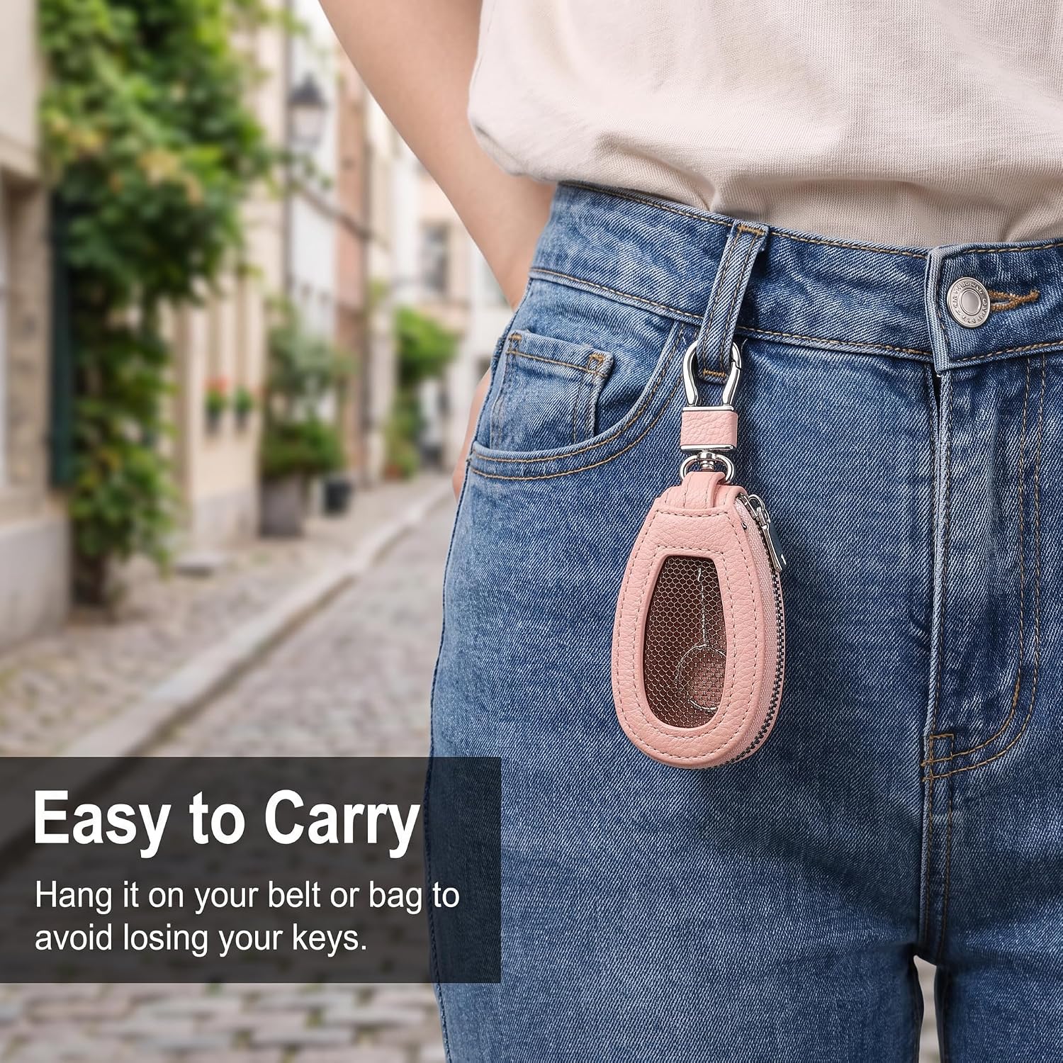 Breathable Mesh Leather Car Key Holder, Anti-Scratch Zipper Key Case with Detachable Metal Carabiner Keychain, Visible Honeycomb Mesh Window Zipper Key Pouch for men wowen (Pink) image 5
