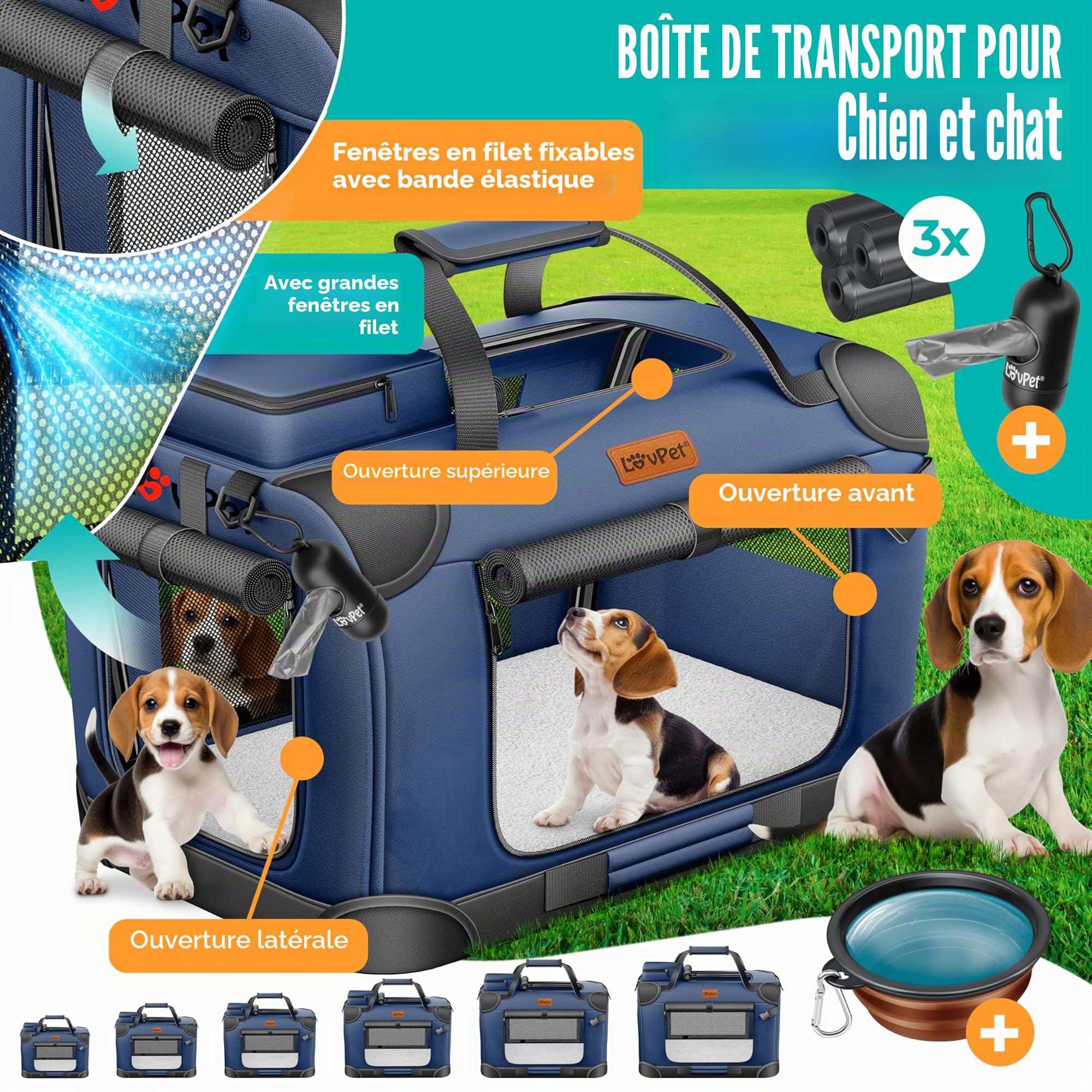 Lovpet® Boîte de transport pliable pour chien avec gamelle, XXL, 91,4 x 63,5 x 63,5 cm - Sac de transport pour animaux de compagnie, chiens et chats - Bleu marine