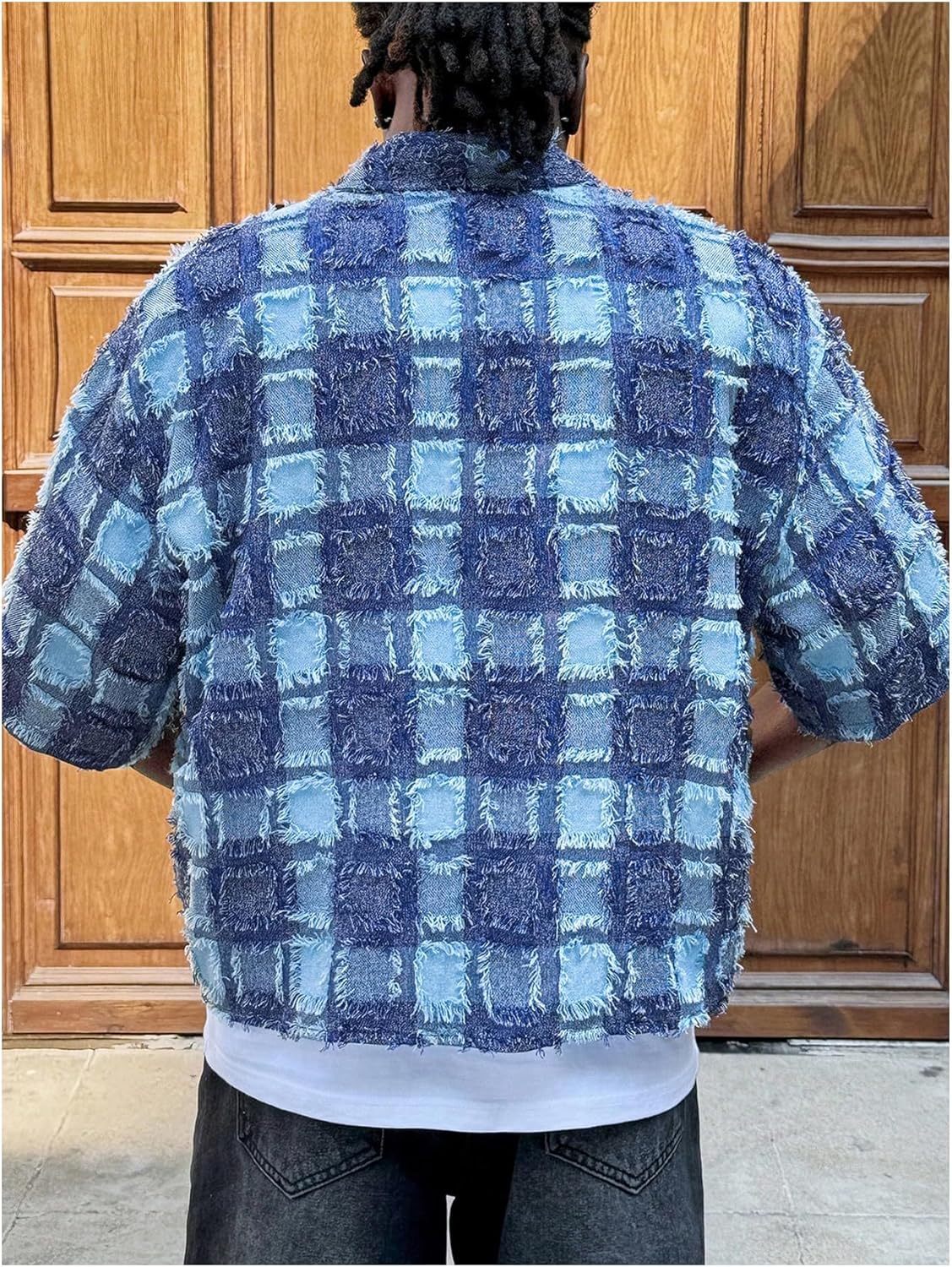 GORGLITTER Men's Cropped Shirt Button Up Short Sleeve Color Block Distressed Y2k Crop Top Streetwear - Image 2