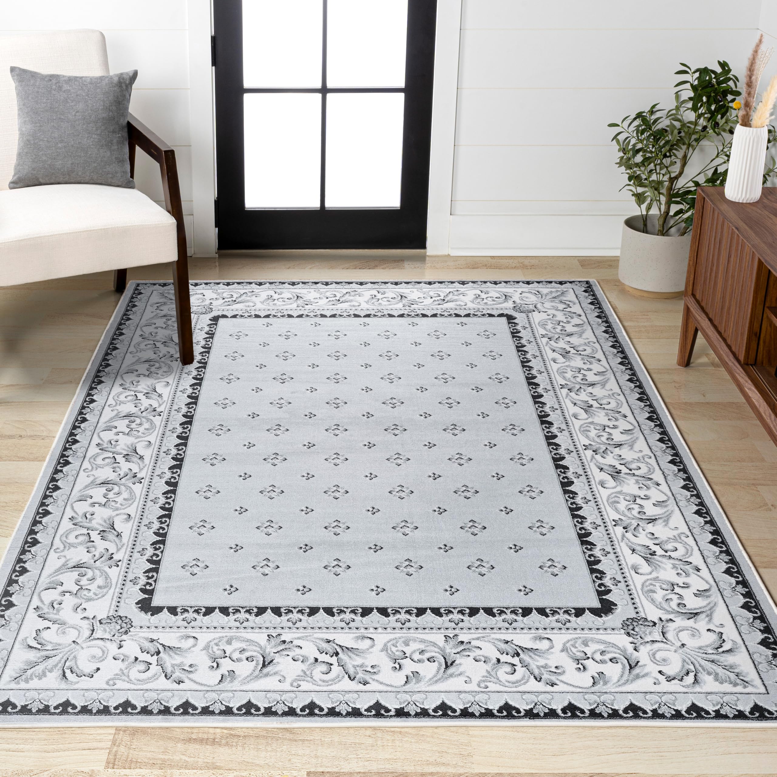 JONATHAN Y Acanthus French Border Light Gray/Cream Indoor Area Rug, 8x10, Vintage, Bohemian, Easy-Cleaning for Living Room, Bedroom, Kitchen, Pet
