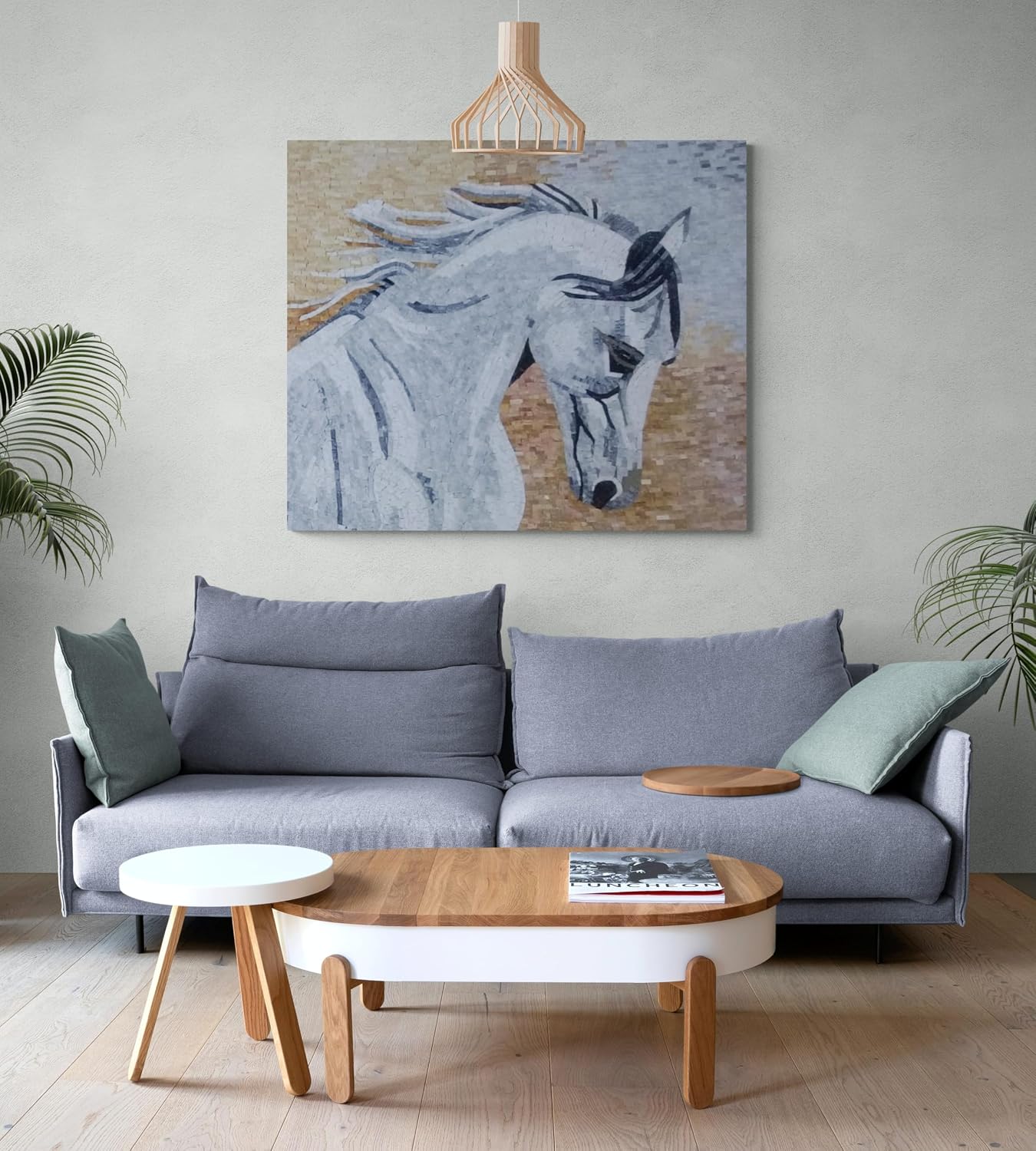 Andalusian Marble Mosaic Wall Art, Handmade Horse Stone Mosaic Mural, Hand-Cut Equestrian Marble Tile Artwork for Interior Wall Décor