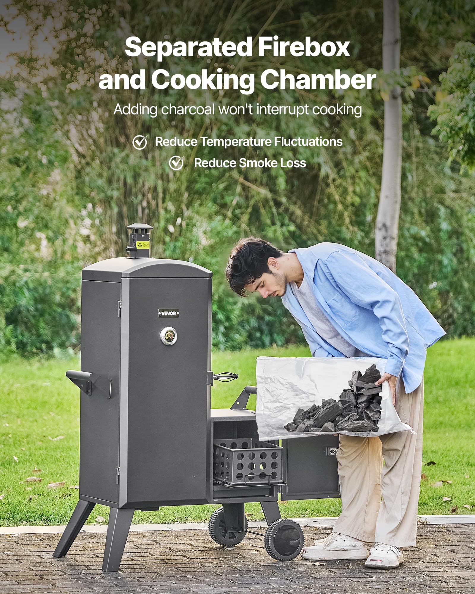 VEVOR Affumicatore Offset a Carbone per Barbecue in Acciaio Resistente con Focolare Laterale, con 6 Griglie Regolabili, Termometro e Prese d'Aria per Cucinare in Giardino o in Terrazza