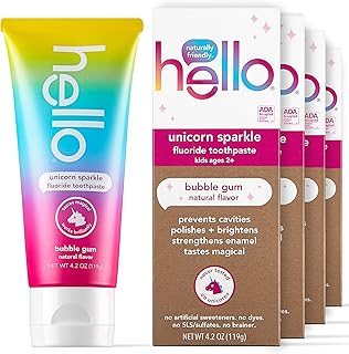 hello Kids Unicorn Sparkle Fluoride Toothpaste with Natural Bubble Gum Flavor, Vegan, SLS & Gluten Free, 4.2 oz, 4 Count