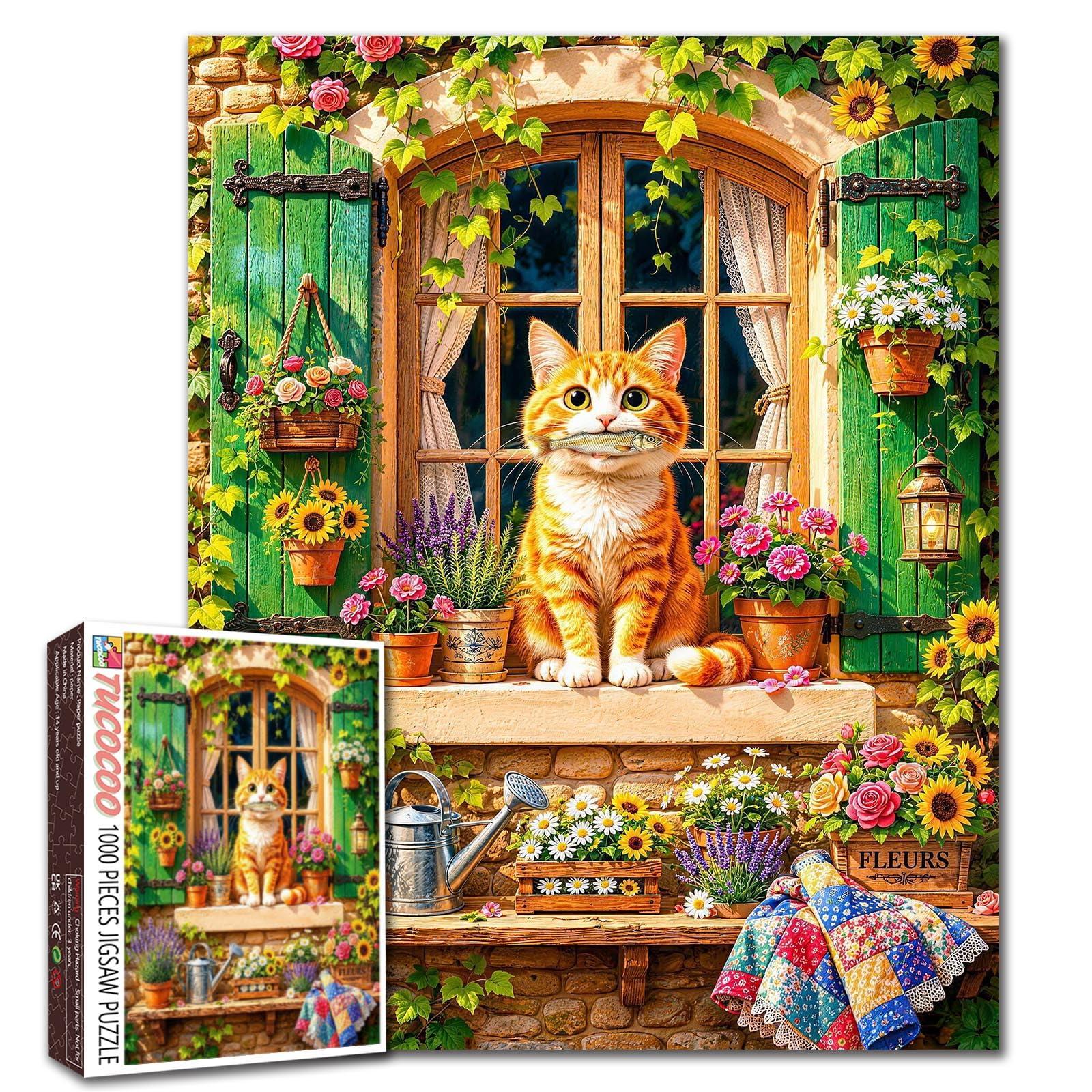 1000 Piece Puzzle for Adults Cute Cat Rustic Window Jigsaw Puzzle 19.7 x 27.6 Inches Adorable Kitten Flower Garden Artwork Colorful Fun Challenge Puzzles Family Activity Games Gifts Home Decor โ image 1