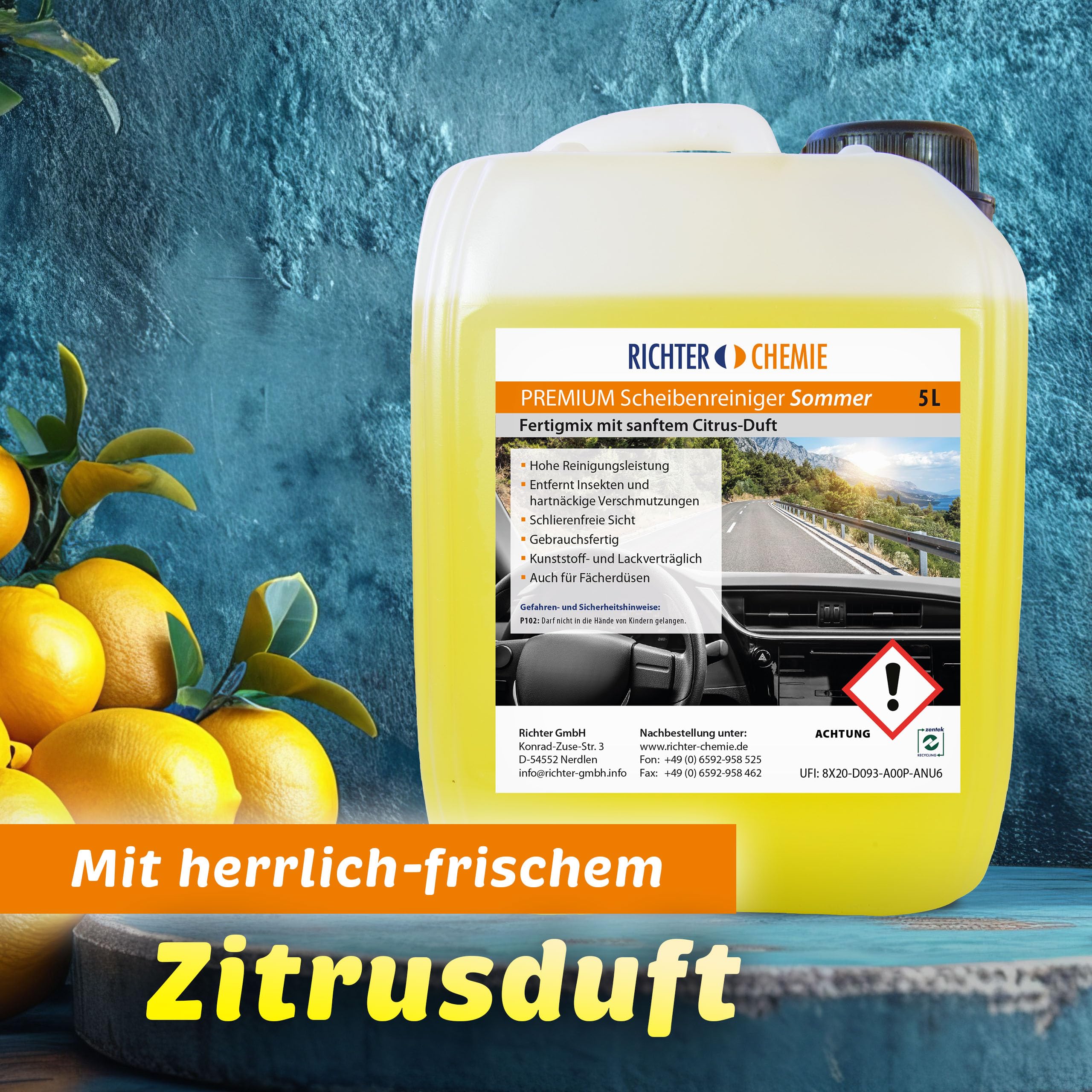 Richter Chemie Scheibenreiniger Sommer Scheibenwischwasser, 4 x 5 Liter | Streifenfreie Reinigung, Gegen Insekten & Teer, Kompatibel mit Fächerdüsen & SRA, Inkl. Ausgießer, Made in Germany