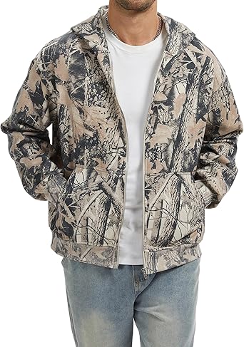 Camo Zip up Hoodie Men Full-Zip Fleece Hoodies Oversized Hooded Sweatshirts Maple Leaf Print Long Sleeve Sweatshirt