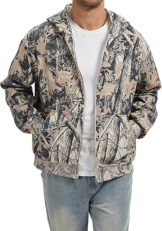 Camo Zip up Hoodie Men Full-Zip Fleece Hoodies Oversized Hooded Sweatshirts Maple Leaf Print Long Sleeve Sweatshirt
