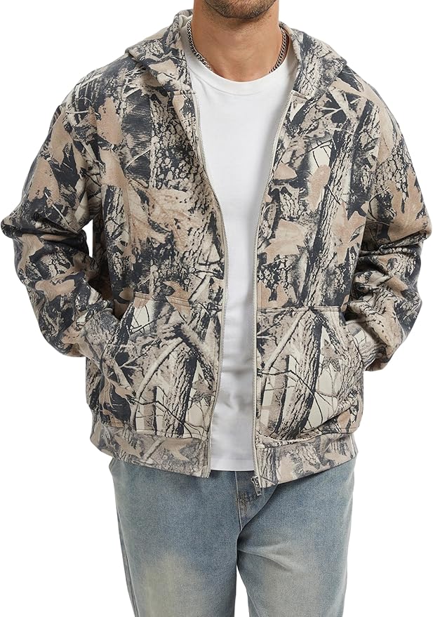 Camo Zip up Hoodie Men Full-Zip Fleece Hoodies Oversized Hooded Sweatshirts Maple Leaf Print Long Sleeve Sweatshirt