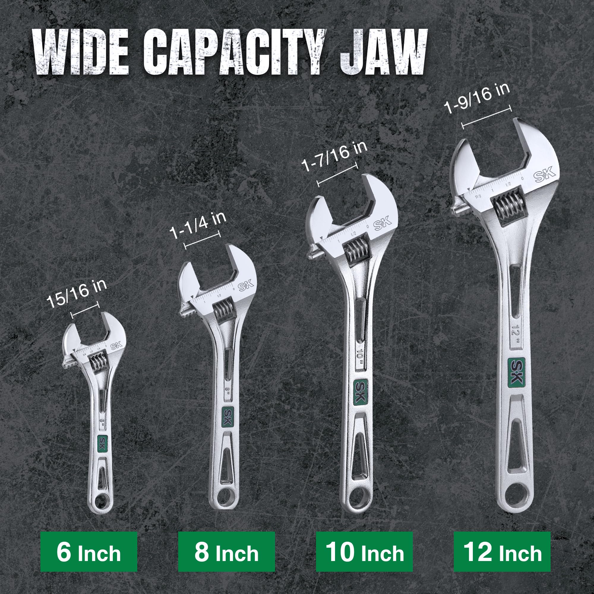 SK Llave ajustable de 8 pulgadas, capacidad de mandíbula de 1 pulgada, acero Cr-V, básculas SAE y métricas
