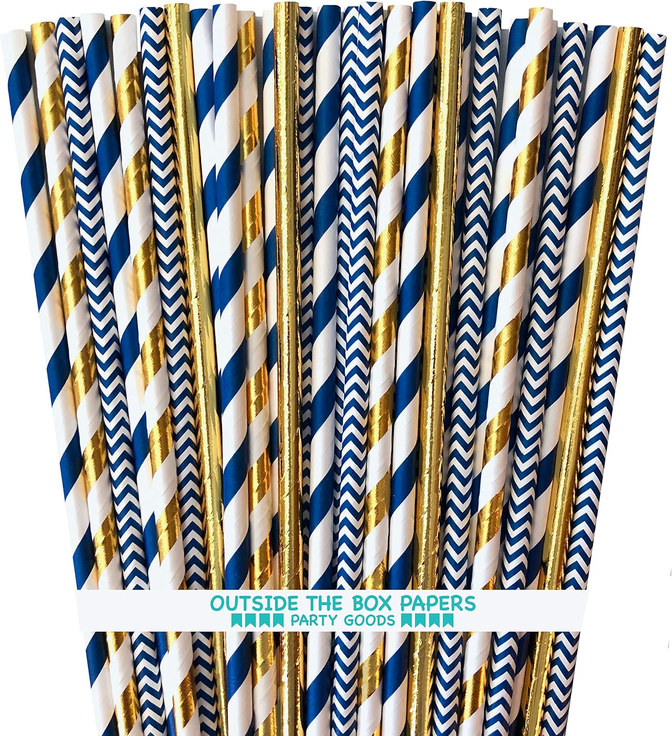Navy Blue and Gold Foil Paper Straws - Stripe Chevron Solid - 100 Pack