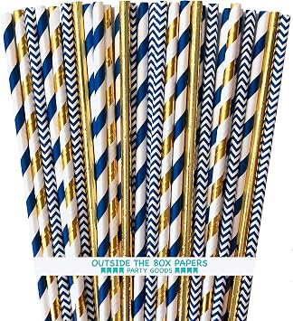 Navy Blue and Gold Foil Paper Straws - Stripe Chevron Solid - 100 Pack