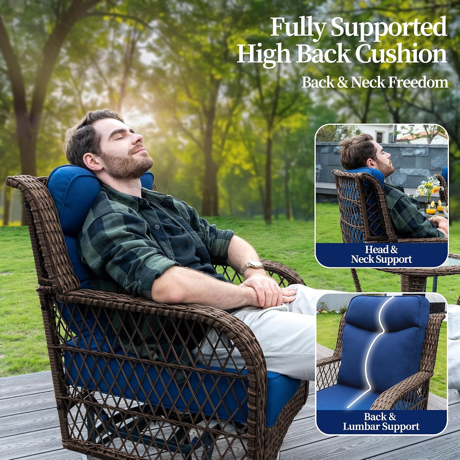PIZZELLO Outdoor Rocking Chairs Set of 6 Wicker Swivel Chair Patio Furniture Set with Rattan Coffee Table, Gliding Bistro Sets for Outside Porch Deck, 5" Thick Cushion and 25" Full Support Back