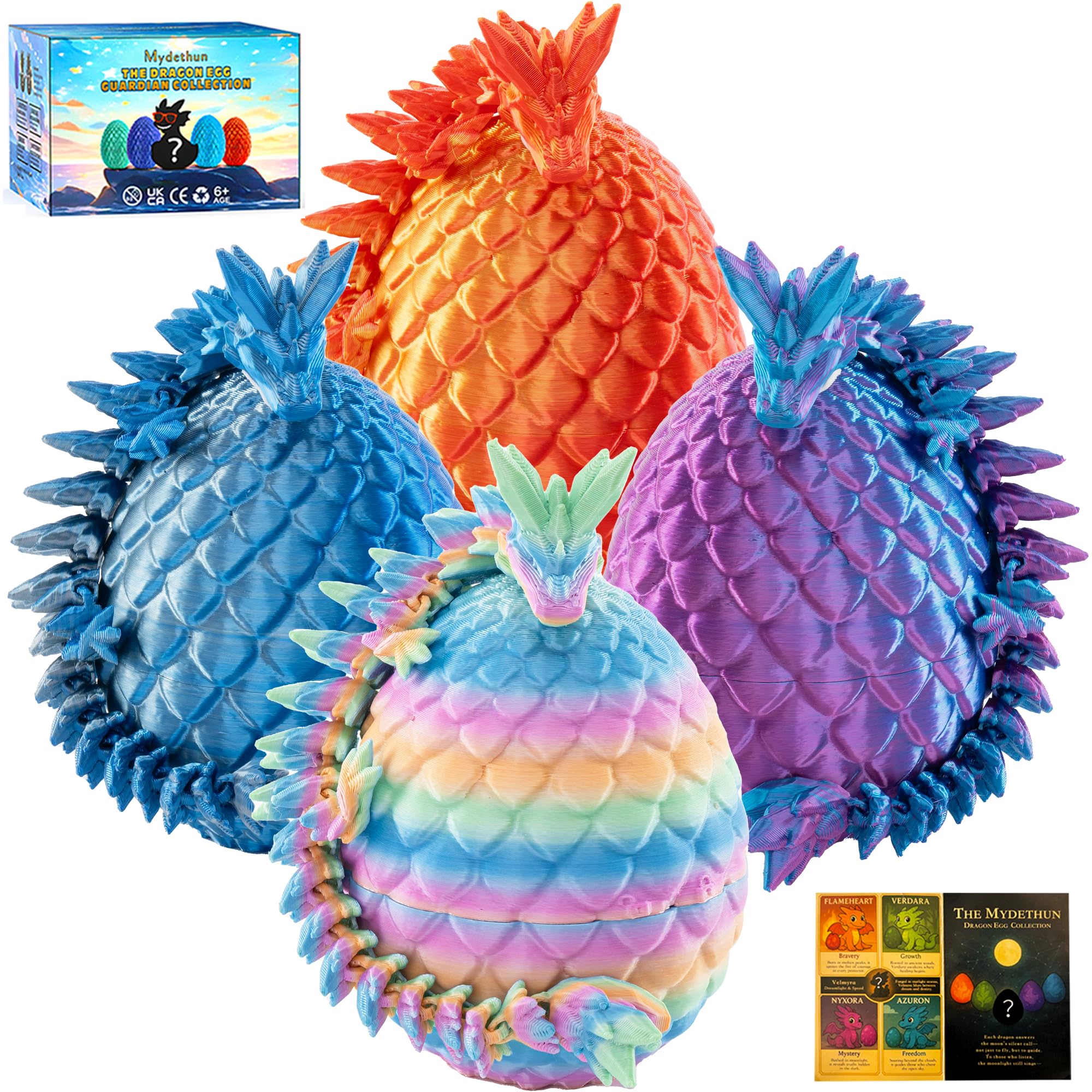 Mydethun 3D Printed Dragon, Dragon Toy - Sensory Autism Toys, Dinosaur Toys, Stress Relief Gifts for Kids 5-7, Adults & Women - Set of 4 Mystery Eggs with Dragons Inside