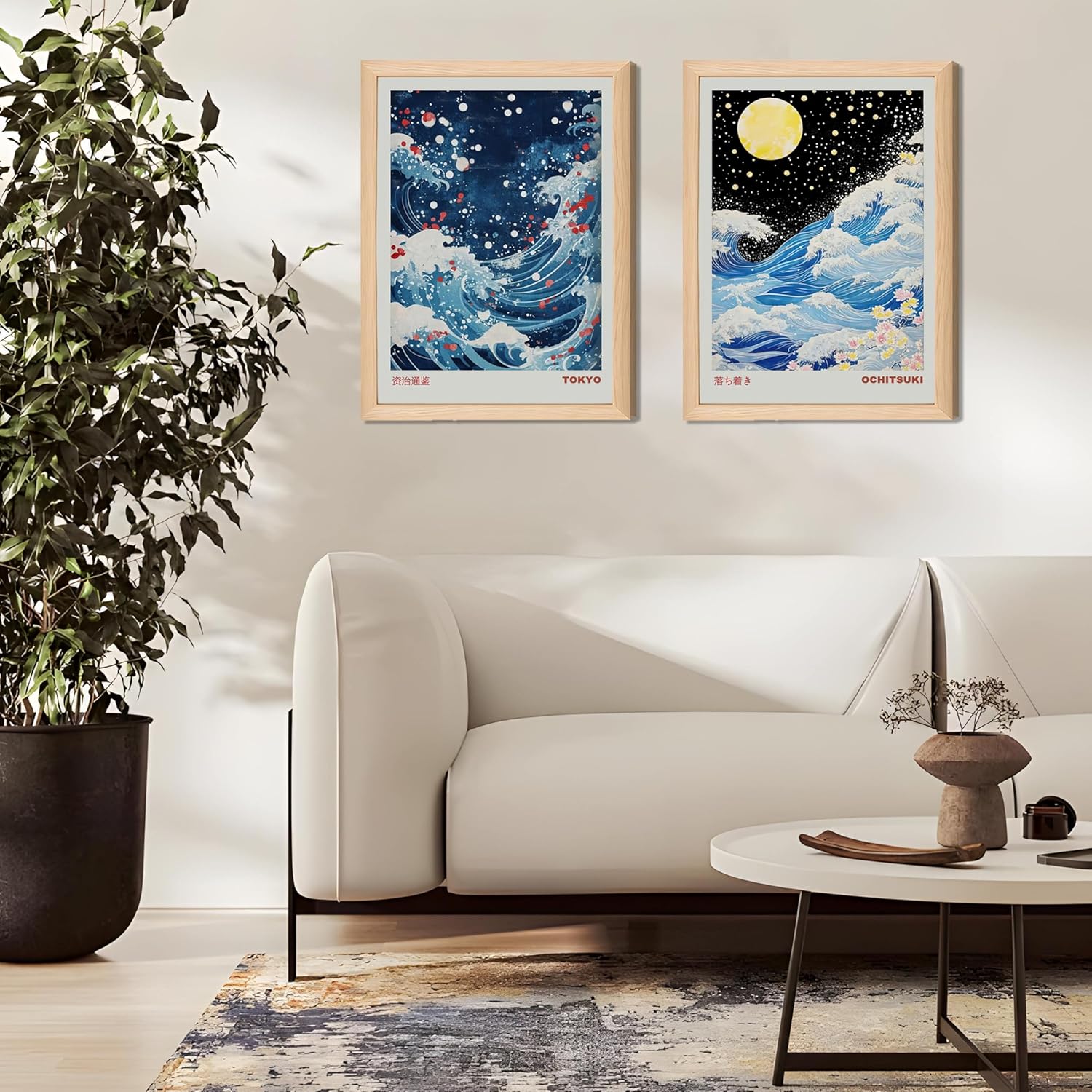 Framed Japanese Ocean Wave Wall Art Canvas Blue Waves Japandi Painting Japanese Bathroom Print Wabi Sabi Poster Modern Zen Picture Decor for Bedroom Living Room Office 12x16Inchx2pcs