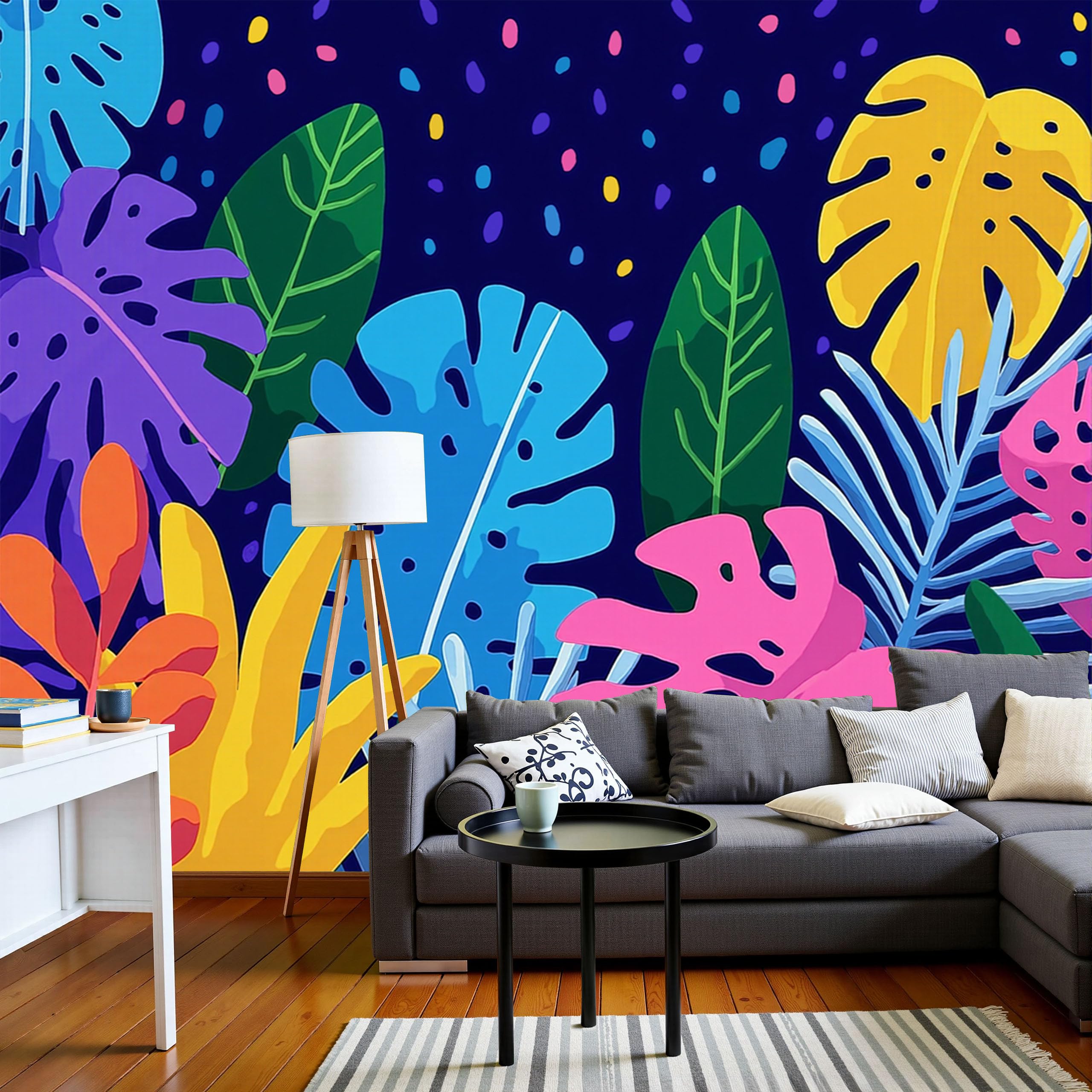 Papier Peint Monstera Bleu 400X280 cm pour Salon - Fresque Murale Panoramique