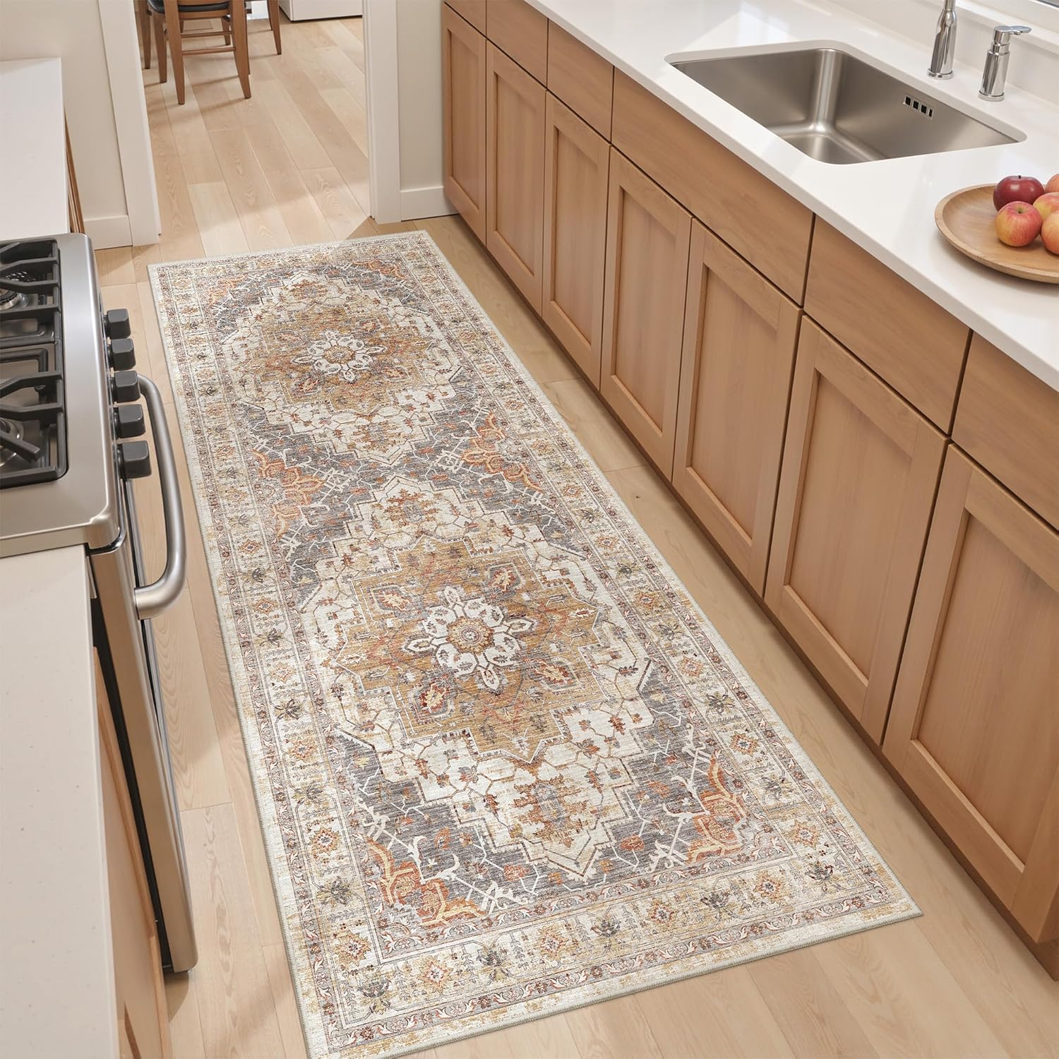 Washable Runner Rug 2x6 Hallway Runner Rug Ultra-Thin Kitchen Rug Non Slip Indoor Floor Foldable Carpet with Low Pile for Entryway Bathroom Laundry Room Living Room(Turmeric/Grey,2'x6')