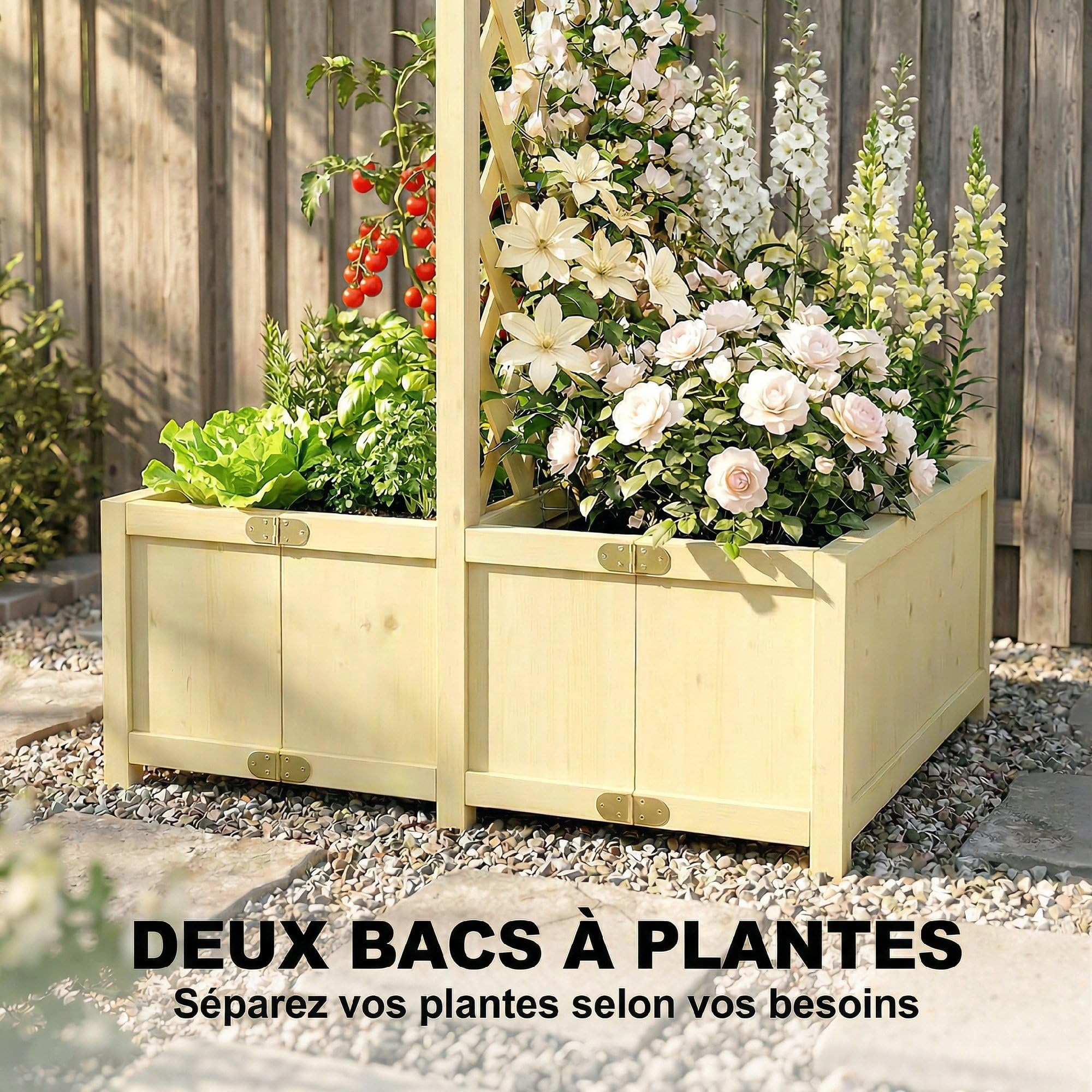 Outsunny Jardinière avec Treillis en Bois Massif - Carré Potager Pliable avec Double Bac à Fleurs - Lit de Jardin 170cm de Haut pour Plantes Grimpantes sur Balcon, Terrasse Brise-Vue, Naturel