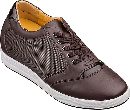 TOTO Zapatos de ascensor invisibles para hombre con cordones de cuero y malla, zapatillas de deporte de moda, 3.2 pulgadas más altas, Marrón