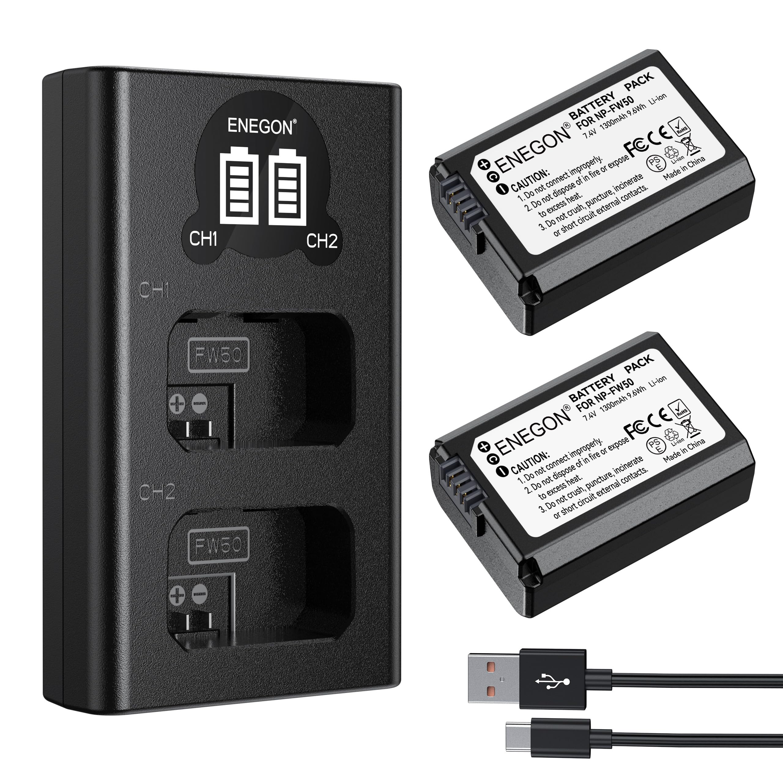 ENEGON 2x1300mAh NP-FW50 Batteries de Rechange et Chargeur Intelligent LCD USB pour Sony NP-FW50,Compatible avec Sony Alpha a6500 a6400 a6300 a6000 a7s a7 a7s II a5100 a5000, Sony NEX série 3/5/7