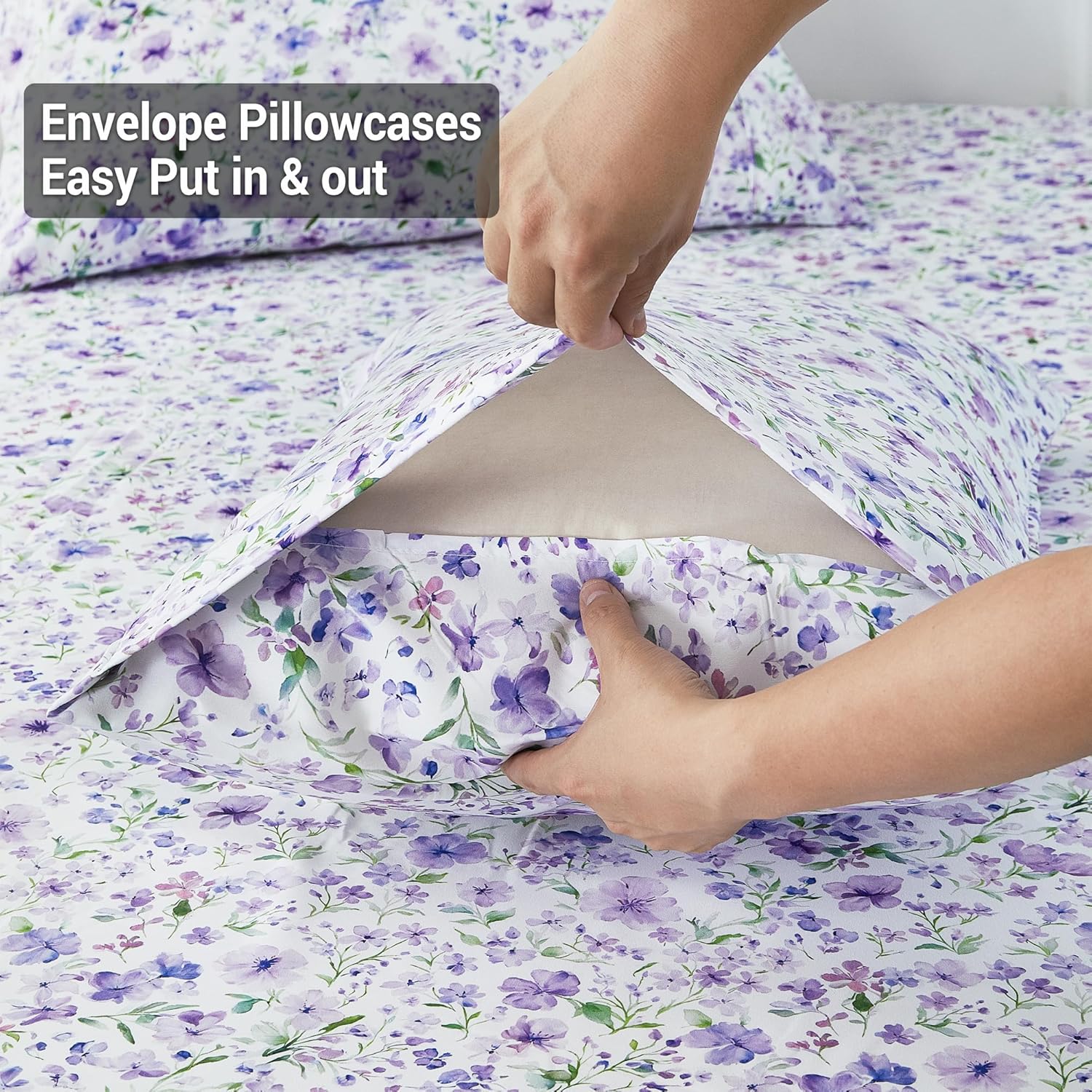 Viviland Floral King Sheet Set - 4 Piece Vintage Lavender Flower and Leaves Patterned Bed Sheets - Soft, Breathable Microfiber Sheets with Deep Pocket, Non-Slip Fitted Sheets & Pillowcases - Image 5