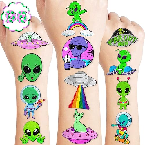 96 piezas de tatuajes temporales de alienígenas con temática de decoración de fiesta de cumpleaños, suministros de decoración divertida, calcomanías