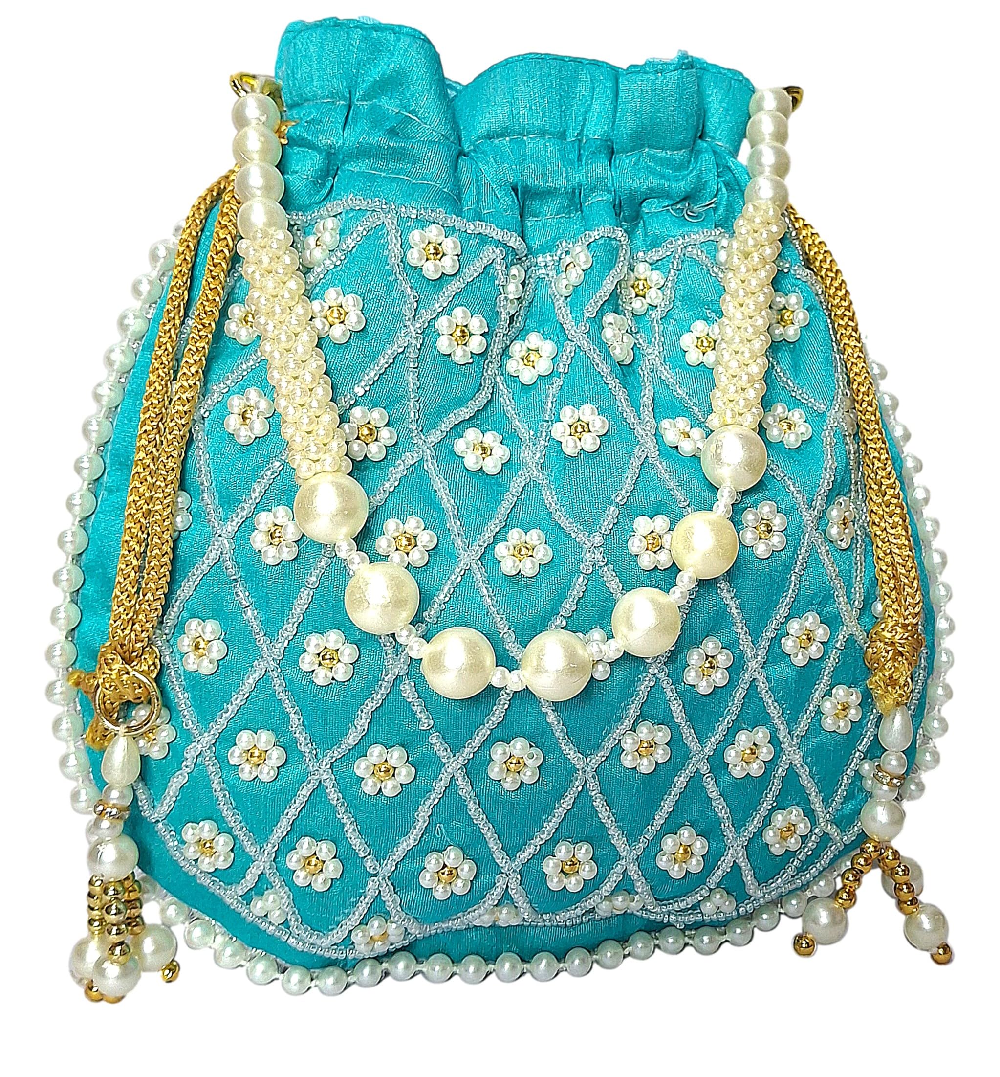 Turquoise Blue Potli Bag for Women Hand Carry Embedded Floral Beads Ethnic Fashion Accessory Handbag for Marriage and Parties-image-23