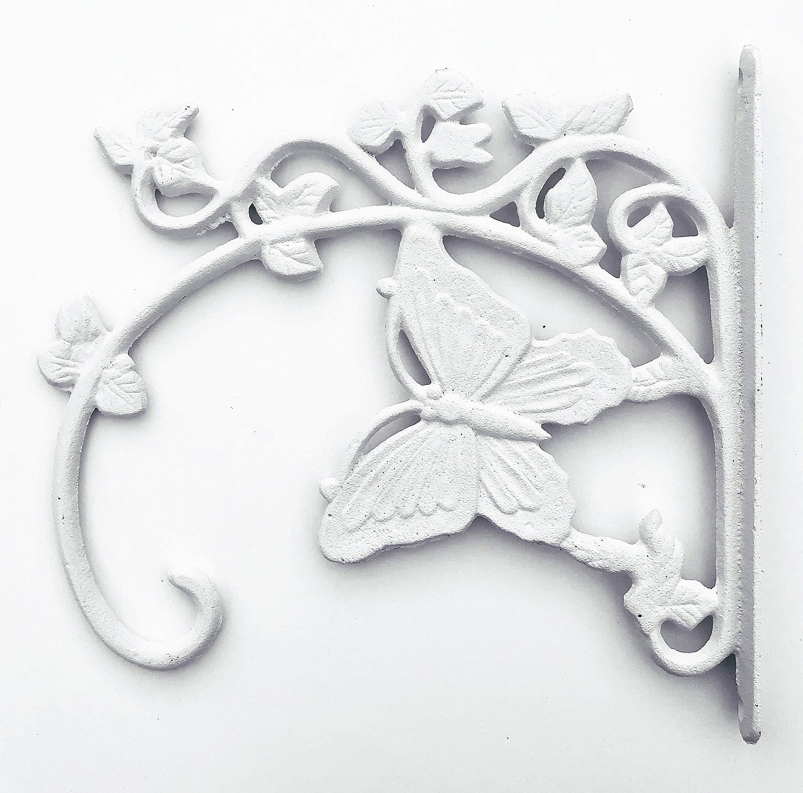 SPRING LIFE Cast Iron Ornate Butterfly Hanging Flower Basket Bracket Hook in 3 colours (Antique White)