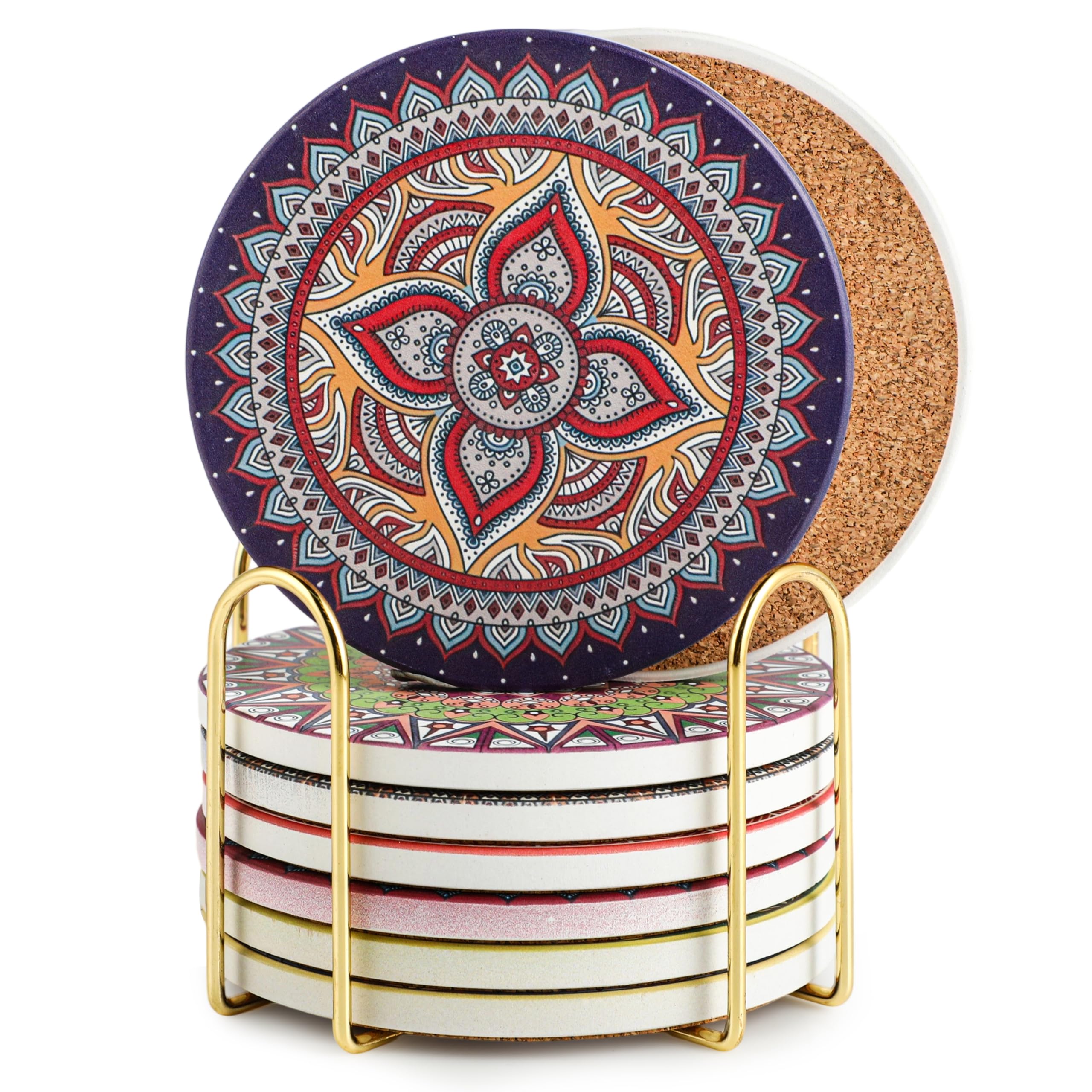 Podstawki pod napoje, z metalowym uchwytem, chłonne, ceramiczne, 10 cm, do wazonów, świec, prezent na parapetówkę, urodziny, do kuchni, salonu (8 - wzór mandali)