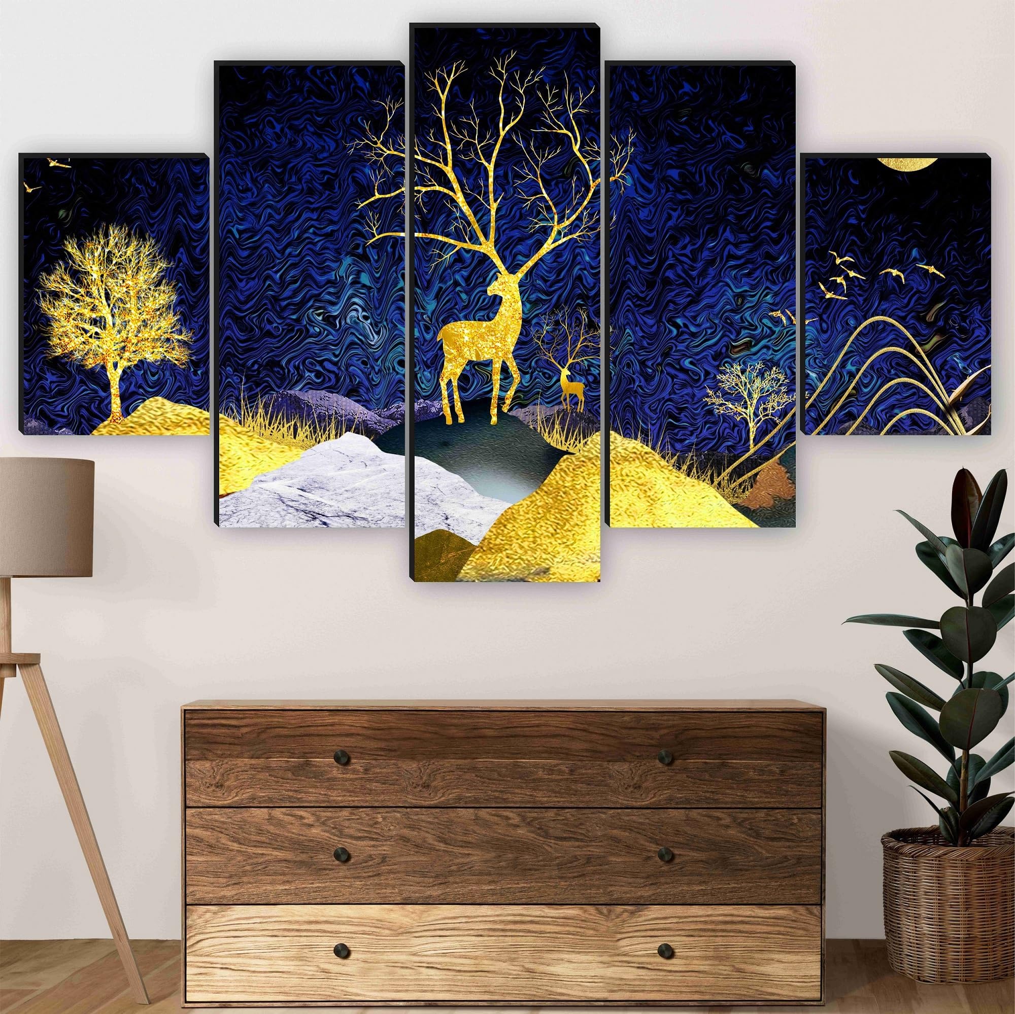 SAF Deer Paintings for Wall Decoration - Set Of Five, 3d Scenery Vastu Painting for Living Room Large Size with Frames for Home Decoration, Hotel, Office 127 cm x 75 cm SANFBL35463