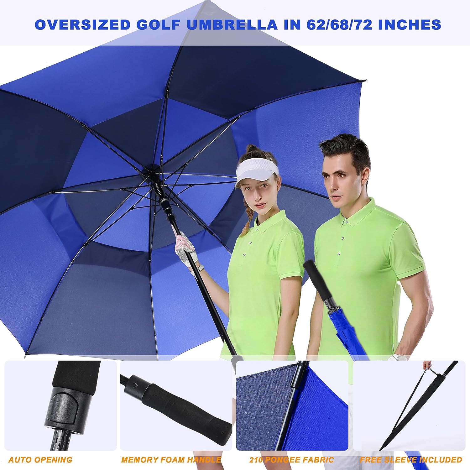 Golf Umbrella Large 54/62/68/72 Inch, Extra Large Oversize Double Canopy Vented Windproof Waterproof Umbrella, Automatic Open Golf Umbrella for Men and Women and Family. - Image 2