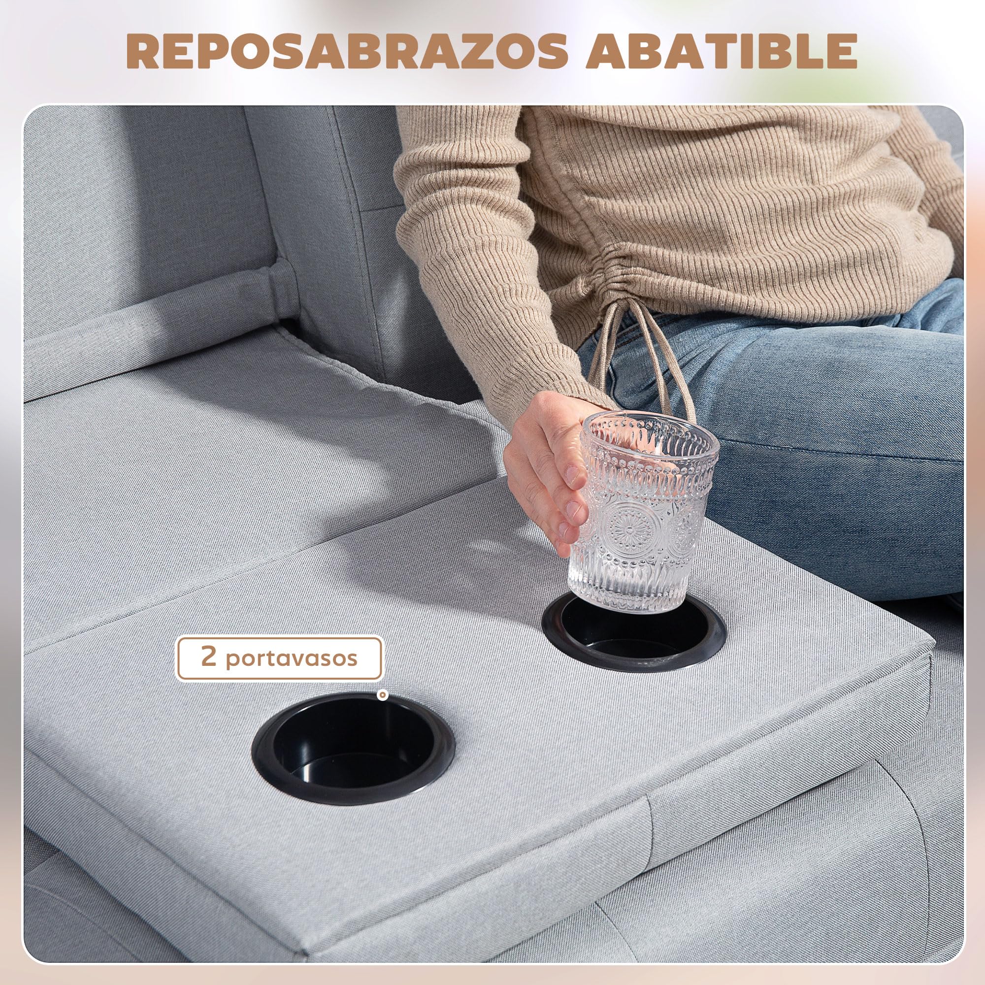 HOMCOM Sofá Cama 3 Plazas, Mesa Abatible con 2 Soportes para Vasos, 181x77x78 cm, Sofá Cama con Respaldo Ajustable, Apertura Clik-Clak, Reposabrazos Desmontables, Patas de Madera, Gris Claro