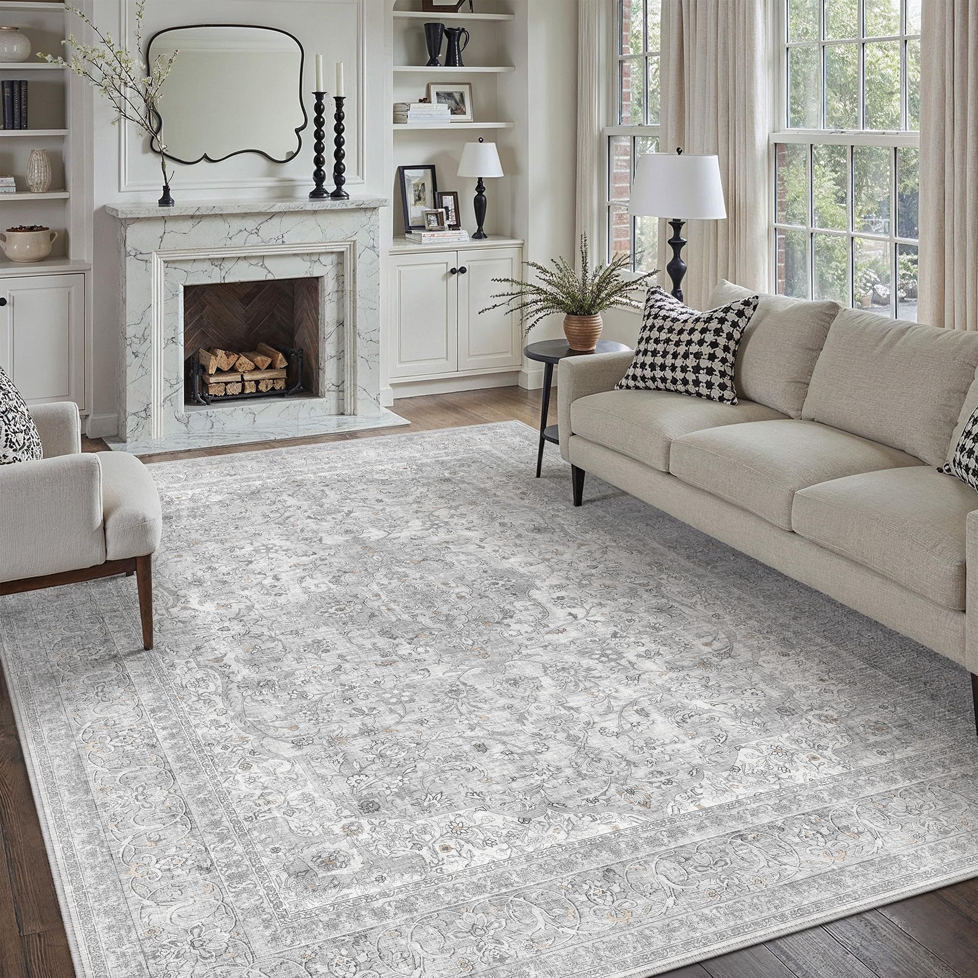 PureCozy Teppich Wohnzimmer 200x300cm Waschbarer Vintage Grau Wohnzimmerteppich kurzflor rutschfest Weich Groß Retro Carpet für Schlafzimmer Esszimmer Bedroom Büro Living Room
