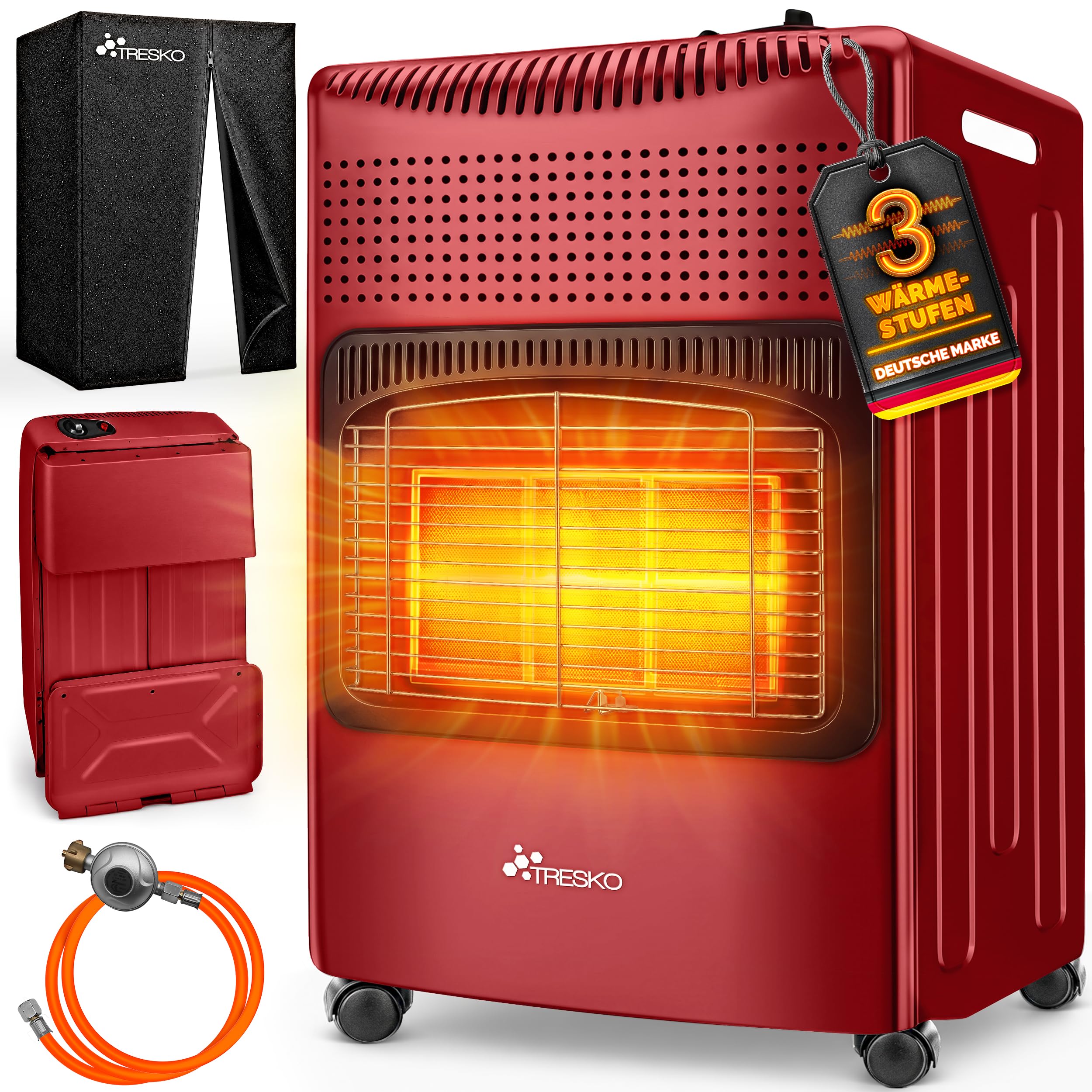 TRESKO® 4200 Watt Gasheizung inkl. Gasdruckregler Gasschlauch + Abdeckung | Gasheizer Gasofen Gasheizofen mit 3 Stufen | Infrarot Gasheizgerät Heizstrahler für Innenräume | Gasflaschen bis 15 Kg