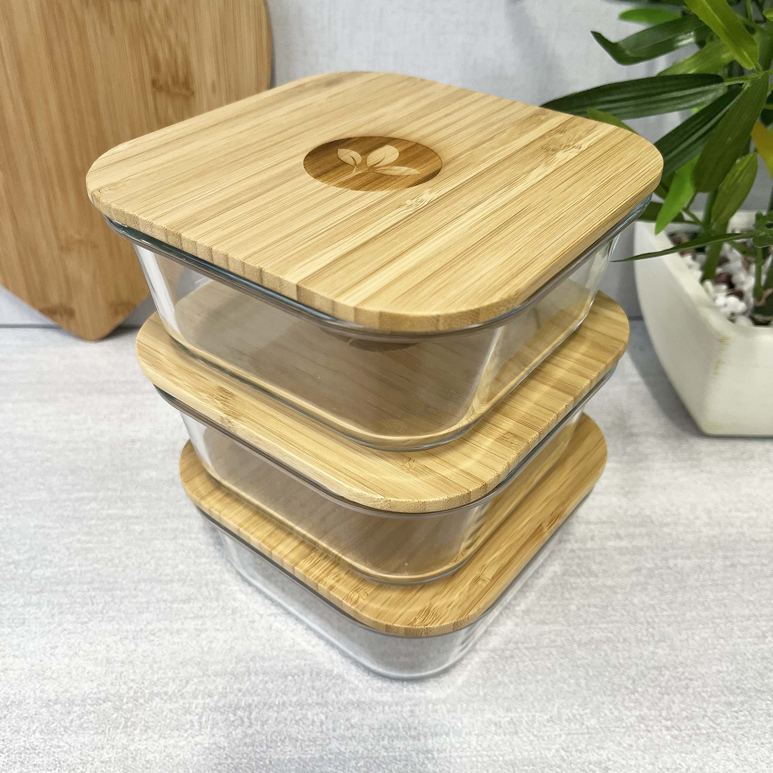 Set di 3 contenitori per alimenti quadrati in vetro con coperchio