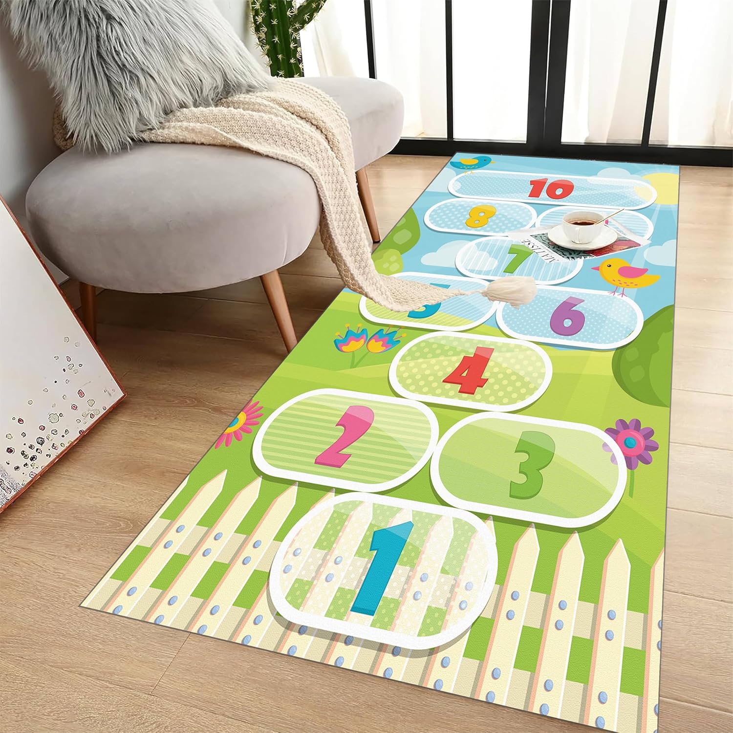 Cartoon Runner Carpet Digital Learning Mat Kitten Fish Printed Hopscotch Game, Children's Playroom Amusement Park Floor Mats, Non-Slip Crawling Mats 3.3x8ft