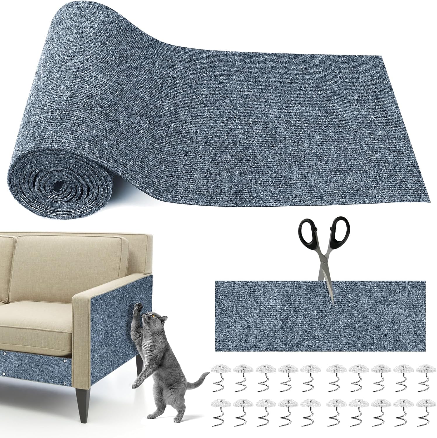 Cat Scratching Mat, 118" x 15.8" Self-Adhesive Trimmable Cat Scratching Carpet Mat with 20 Screws, DIY Cat Scratchers Furniture Protector for Indoor Cats, Couch, Wall and Cat Tree Shelves