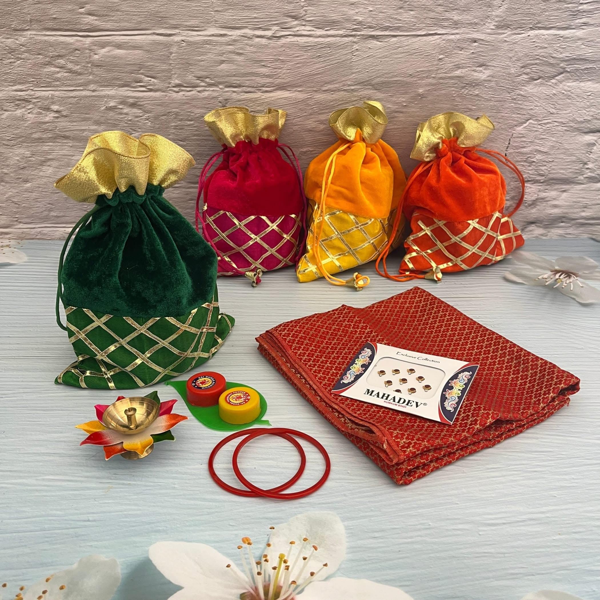 LoveNspire Varalakshmi Vratham Gift Hamper Navaratri Vratha Hindu Religious Teej Karva Chauth Sankranti Pooja Housewarming Return Gifts - Potli Bags Haldi Kumkum Holder Blouse Piece Diya Bindi Bangles