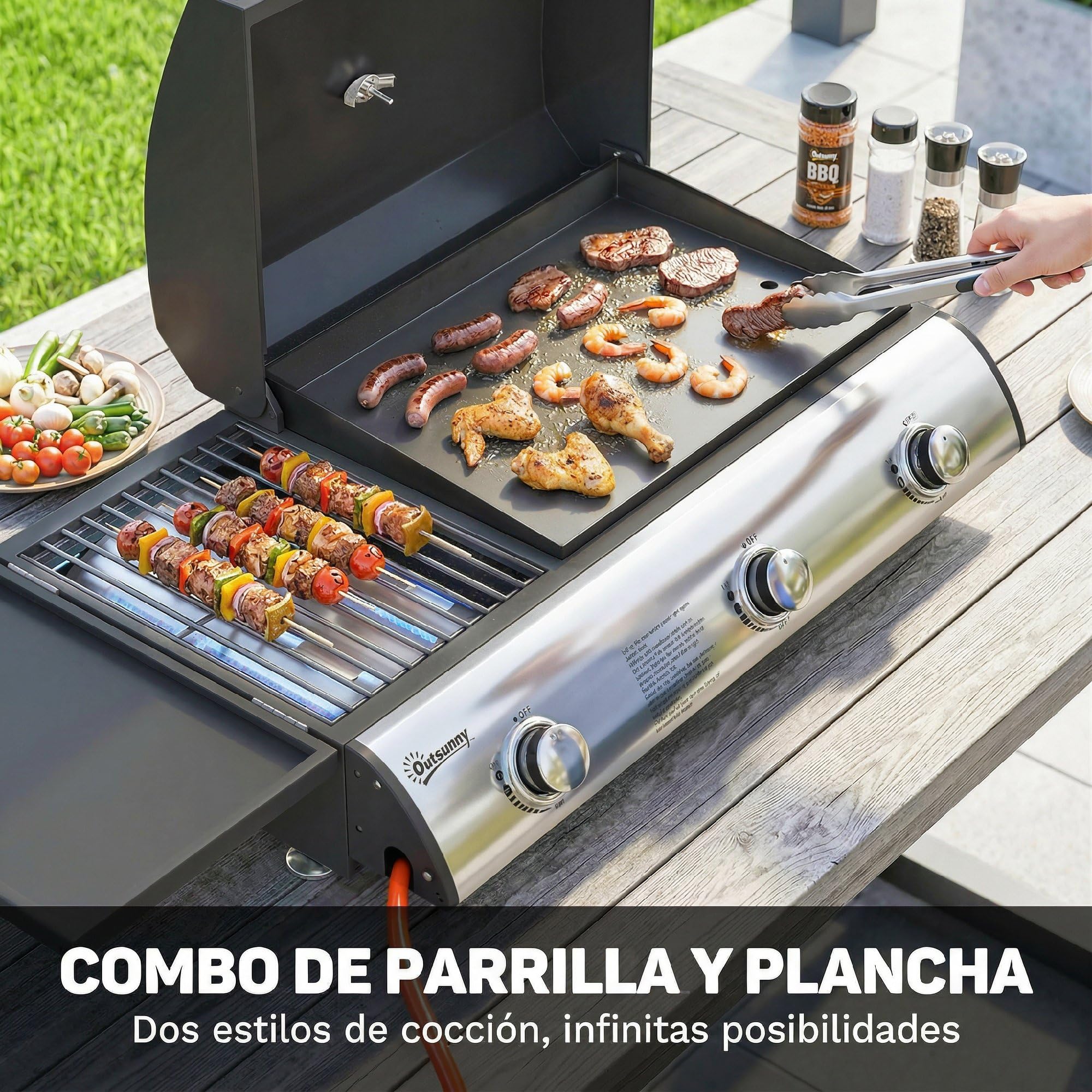 Outsunny Barbacoa de Gas BBQ Gas con 3 Quemadores 7,5 kW, Barbacoa de Mesa Portátil con Parrilla, Plancha, Estante Lateral Convertible, Termómetro, Tapa, Caja de Goteo, Patas Ajustables, Negro