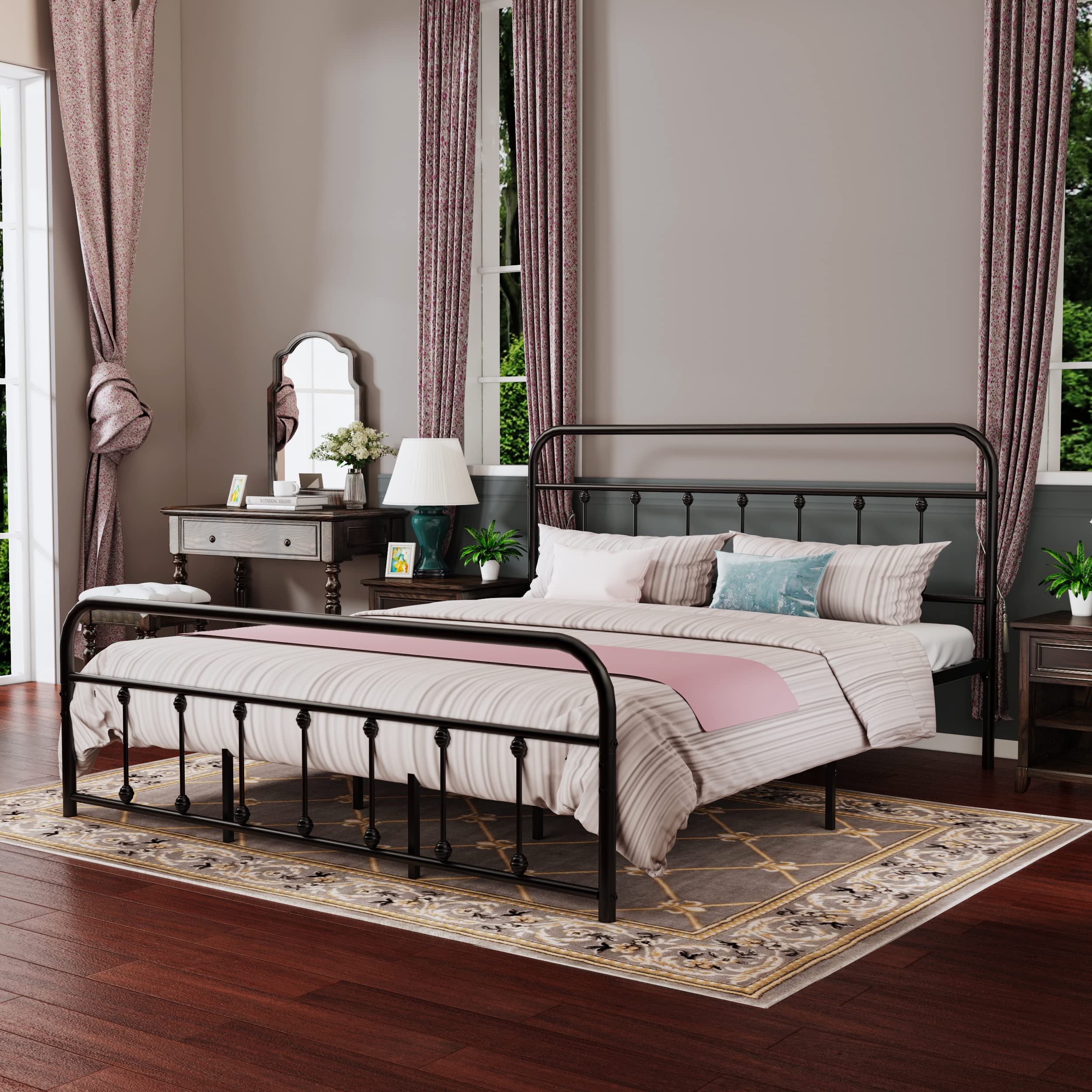 AUFANK California King Bed Frame Metal Victorian Vintage Style Headboard and Footboard No Box Spring Heavy Duty Steel Slat Mattress Foundation Black