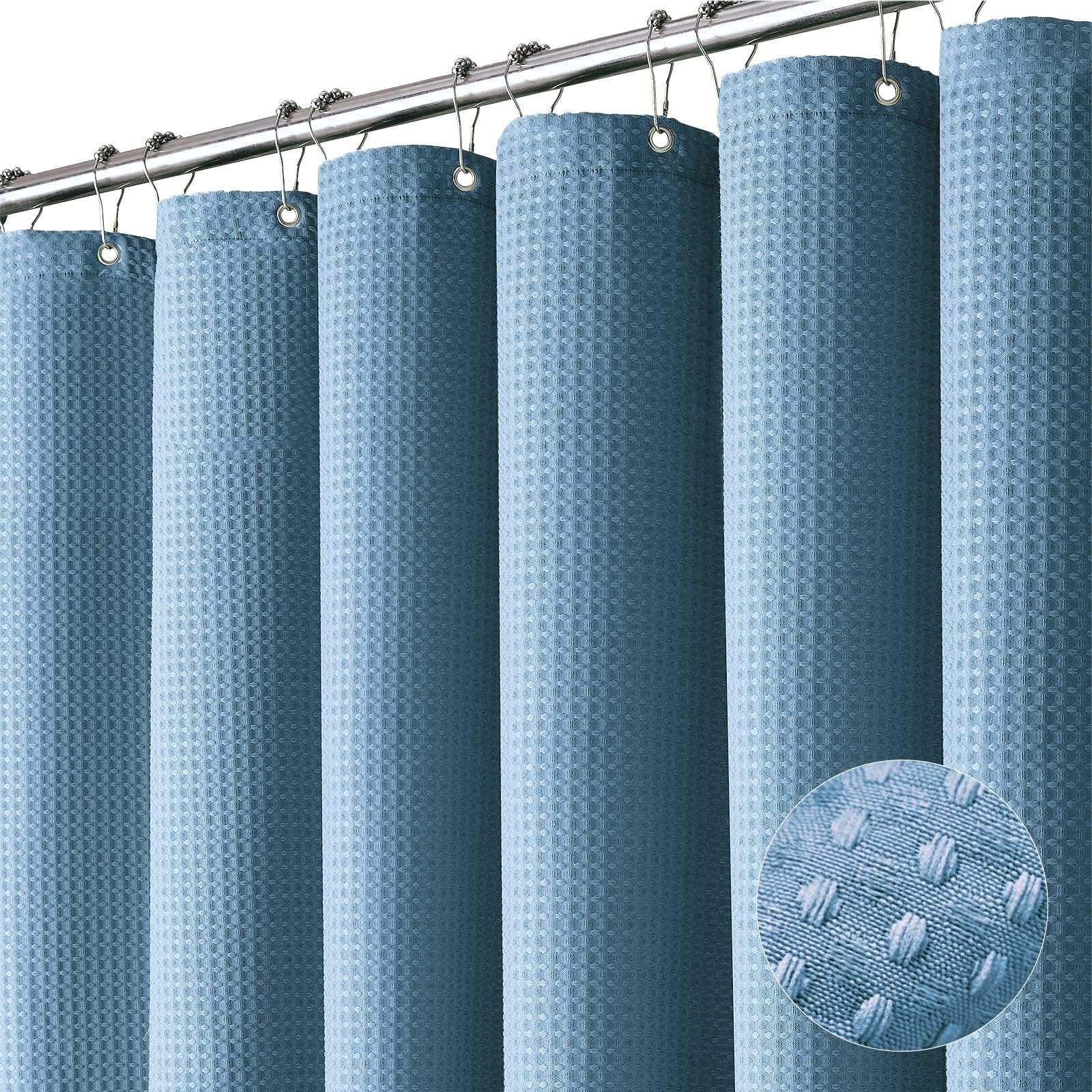 Extra Long Shower Curtain - 84 Inch Long Blue Waffle Weave Heavy Duty Fabric Bathroom Shower Curtain, Weighted Hotel Thick Bath Curtain Set with 12 Plastic Hooks,72x84, Moonlight Blue