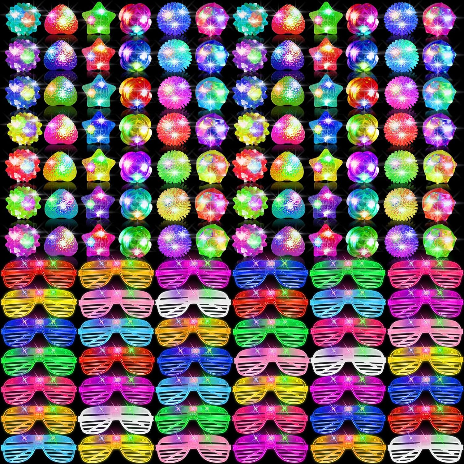 100 Pcs LED Light Up Party Favors Bulk Glow in the Dark Glasses Rings 10 Color LED Glow Glasses Neon Sunglasses 6 Style Finger Lights Flashing Ring for Birthday Wedding Neon Party Decor