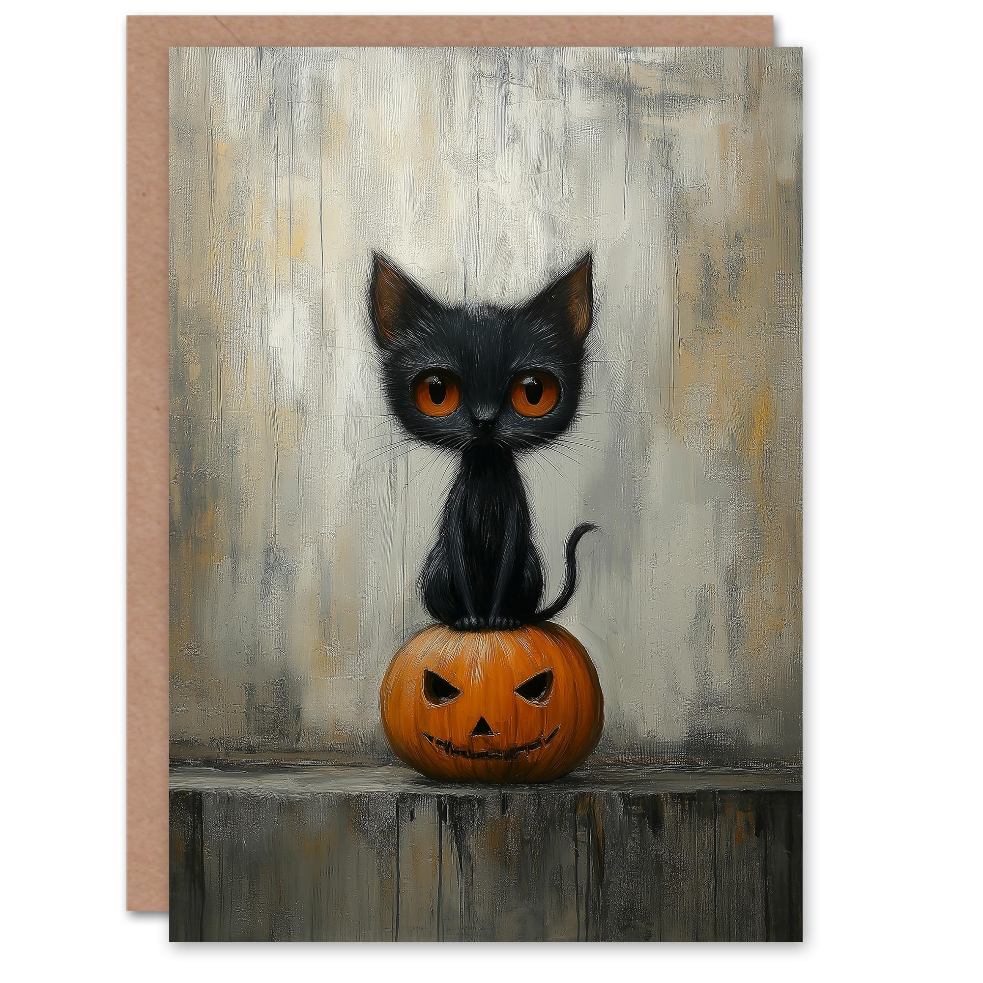 Artery8 Greeting Card Creepy Cat on Carved Pumpkin Face Grunge Blank For All Halloween Card
