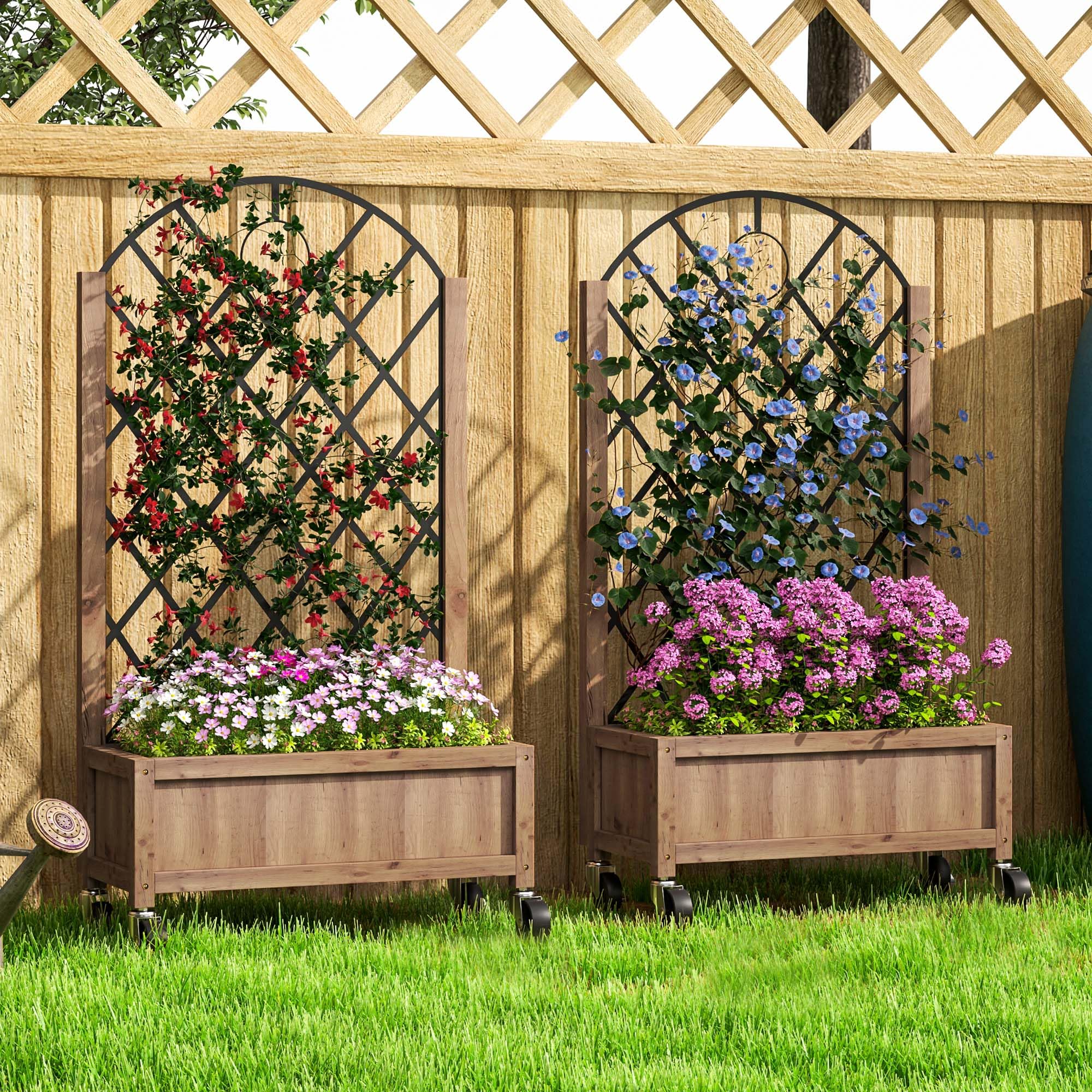 Outsunny Juego de 2 Jardineras de Exterior con Ruedas 52x25x97 cm Natural | Jardineras con Celosía Metálica, para Plantas Trepadoras, Maceteros para Jardín Terraza Patio