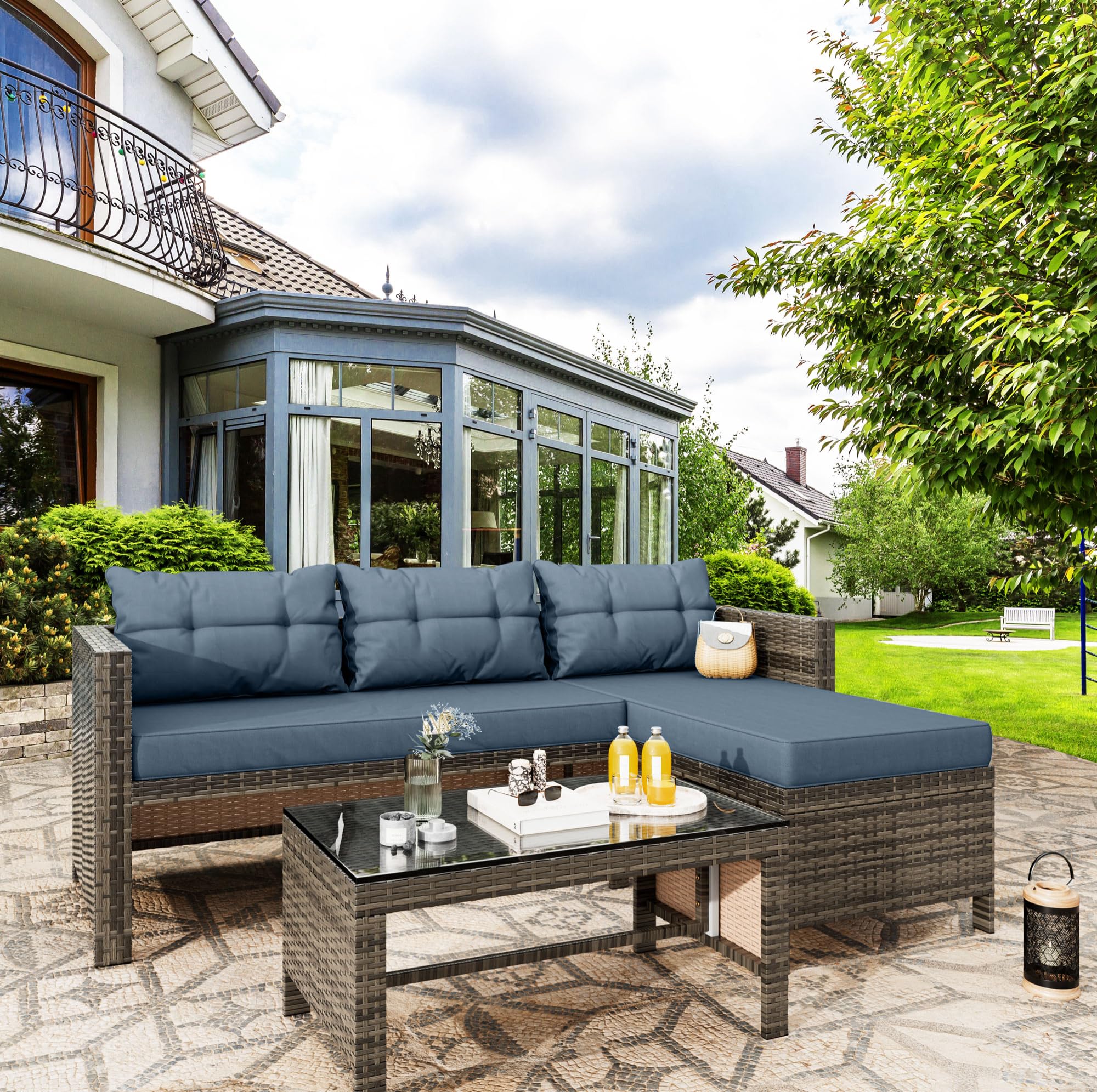 Vongrasig All-Weather Wicker 3-Piece Patio Furniture Set, Blue
