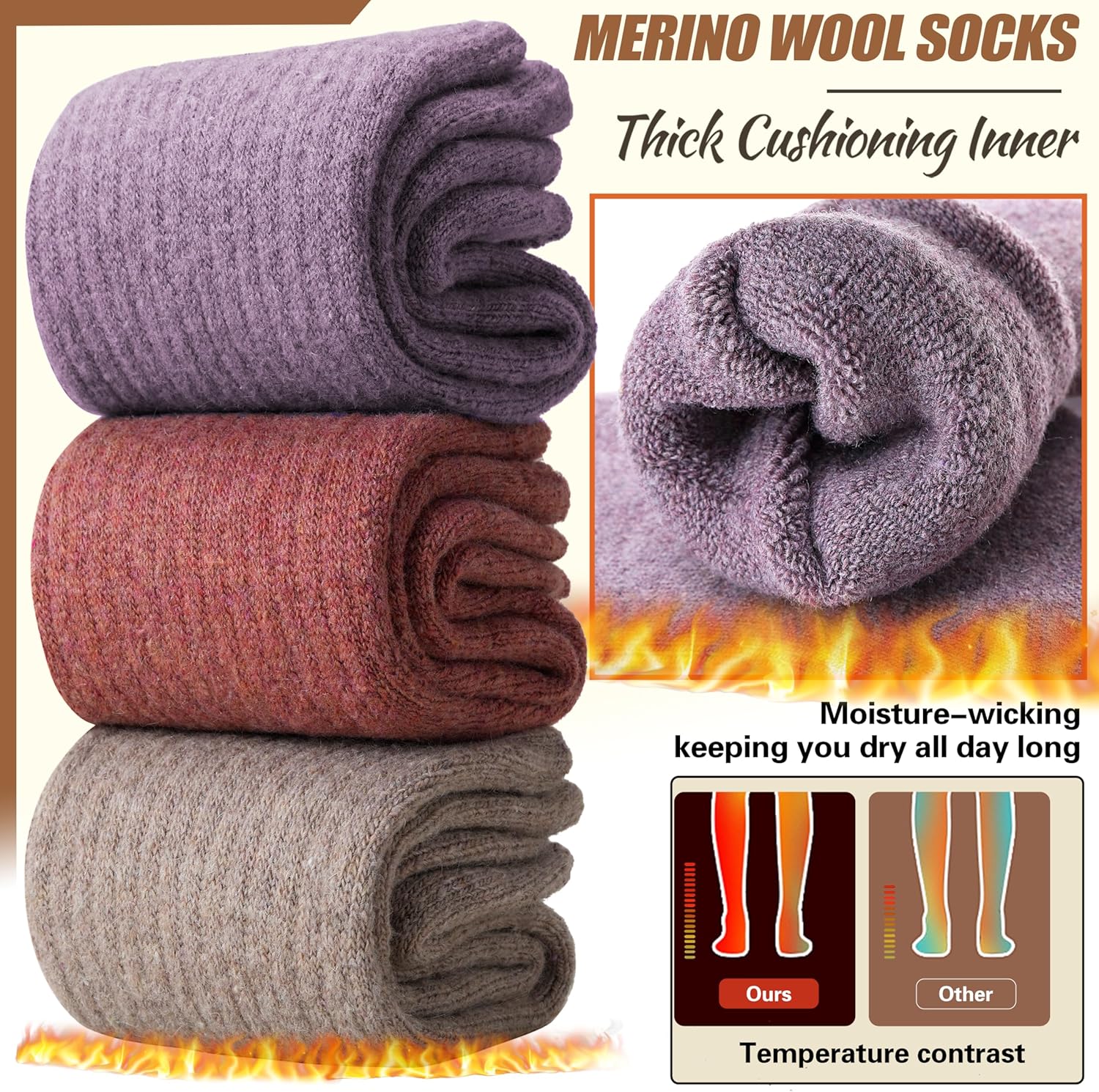 EBMORE Merino Wool Socks for Women Hiking Thermal Warm Winter Thick Boot Cozy Crew Comfy Work Socks for Ladies 5 Pairs - Image 2